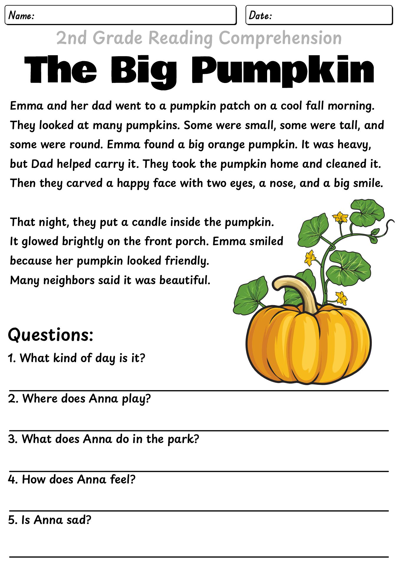 Pumpkin Reading Comprehension Sheets for 2nd Grade