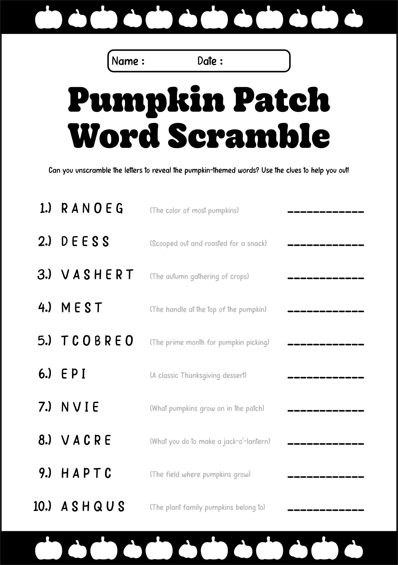 Pumpkin-Themed Word Scramble Worksheets for October