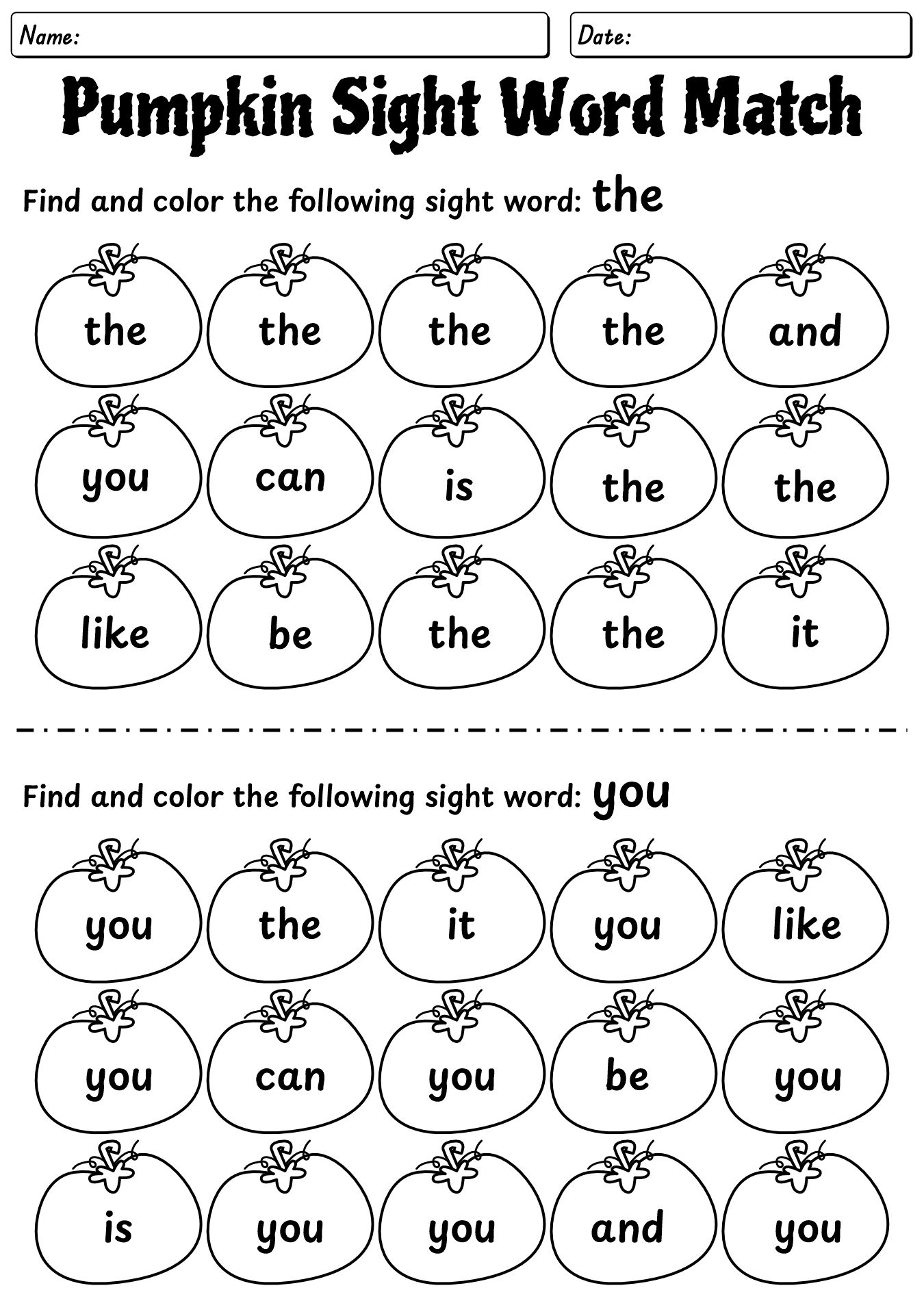 Pumpkin Word Matching Worksheet