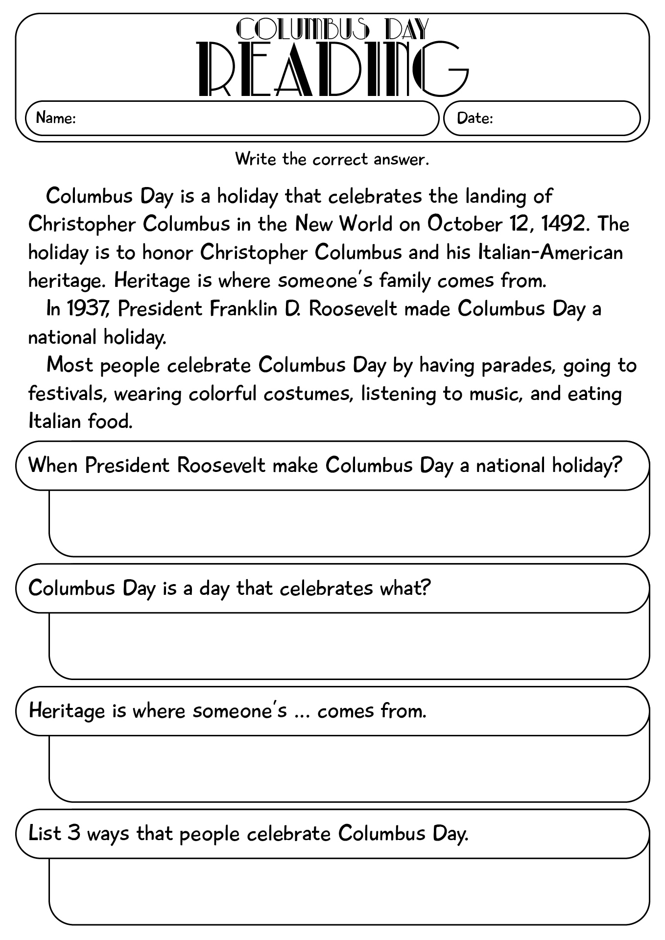 Reading Worksheet About Columbus Day