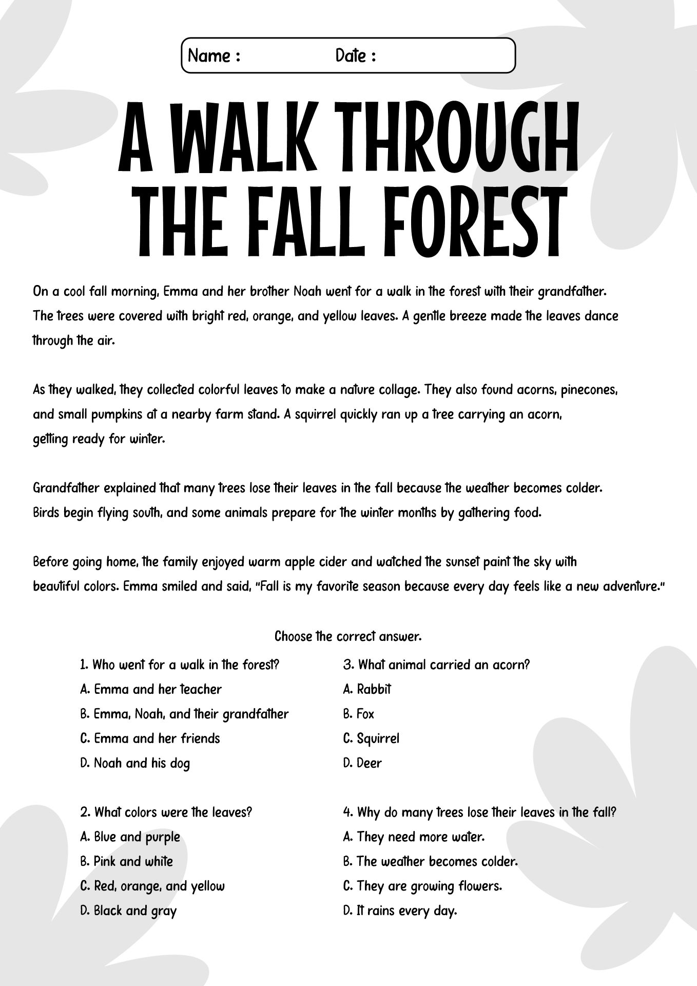 Reading Worksheet for Fall Season