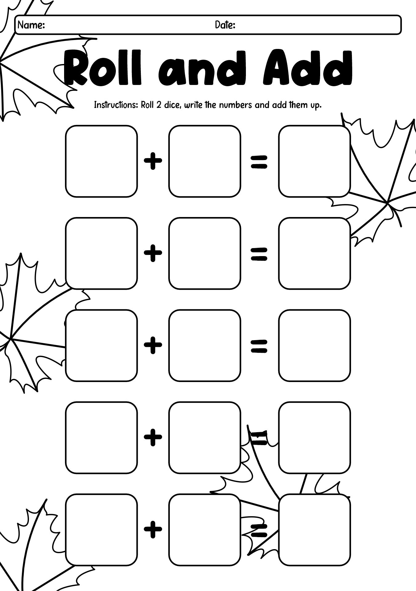 Roll and Add Counting Worksheet for Fall