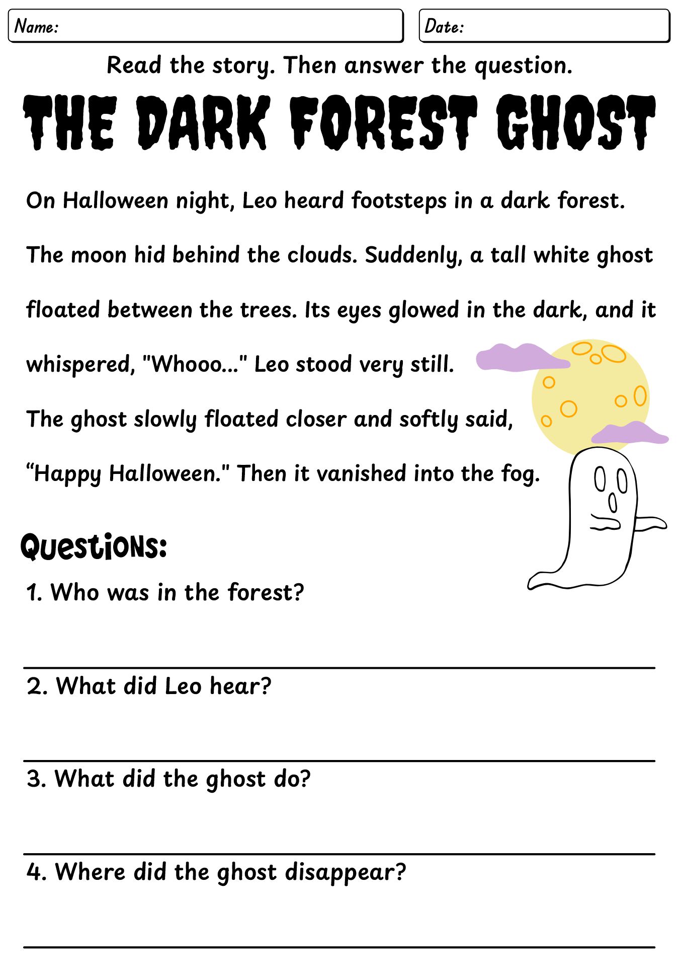Scary Ghosts Early Reading Worksheets for First Grade