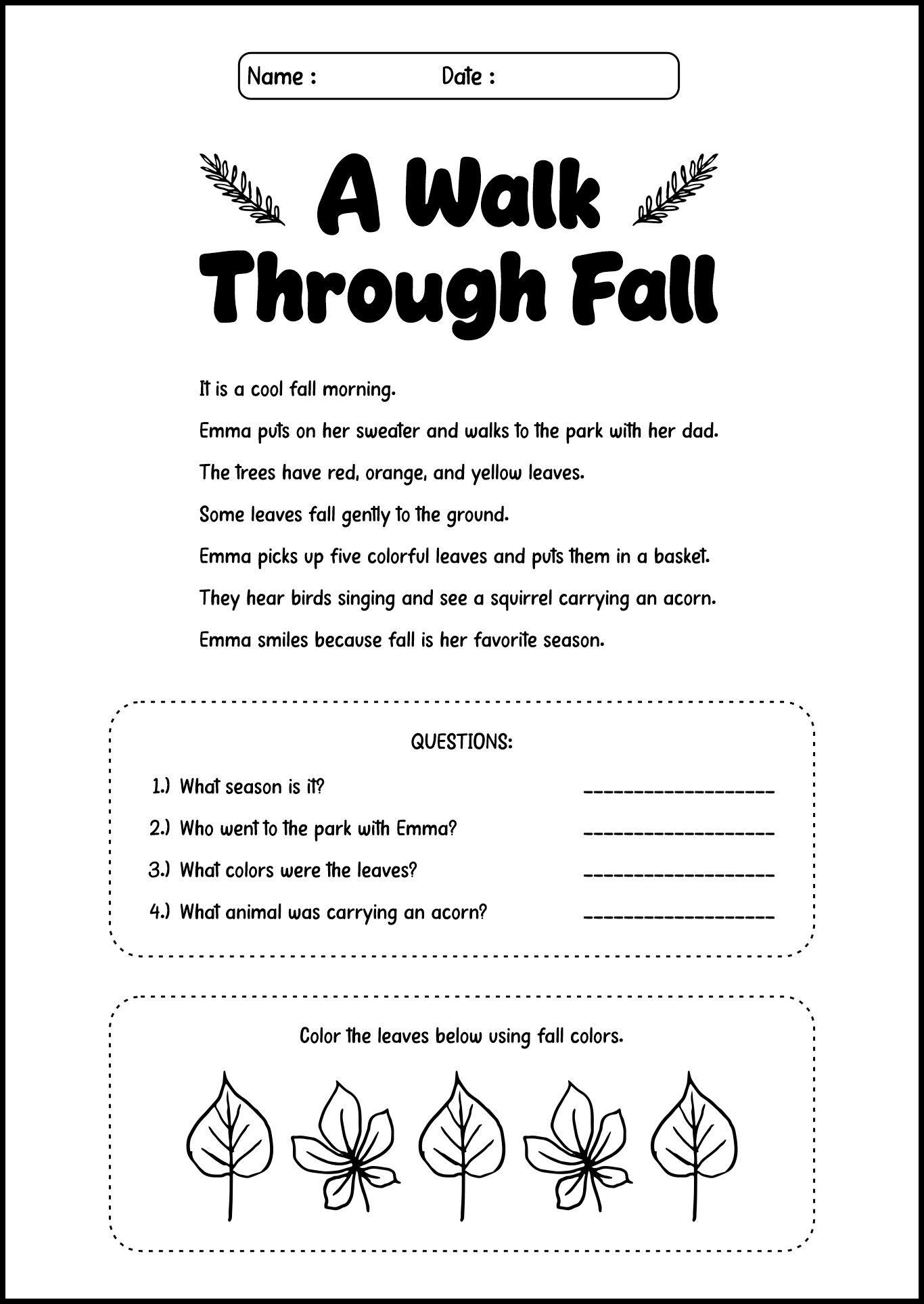 Seasonal Fall Reading Assignments for Grade School