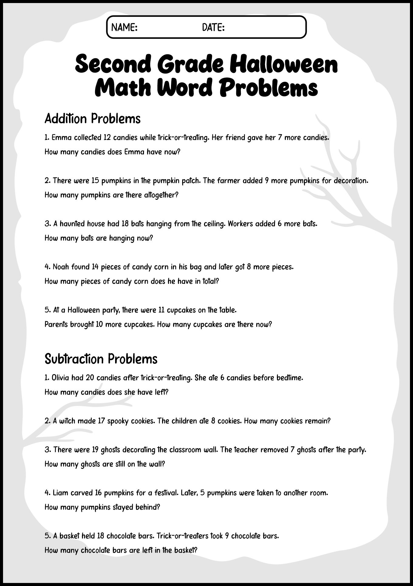 Second Grade Halloween Math Word Problem Worksheets