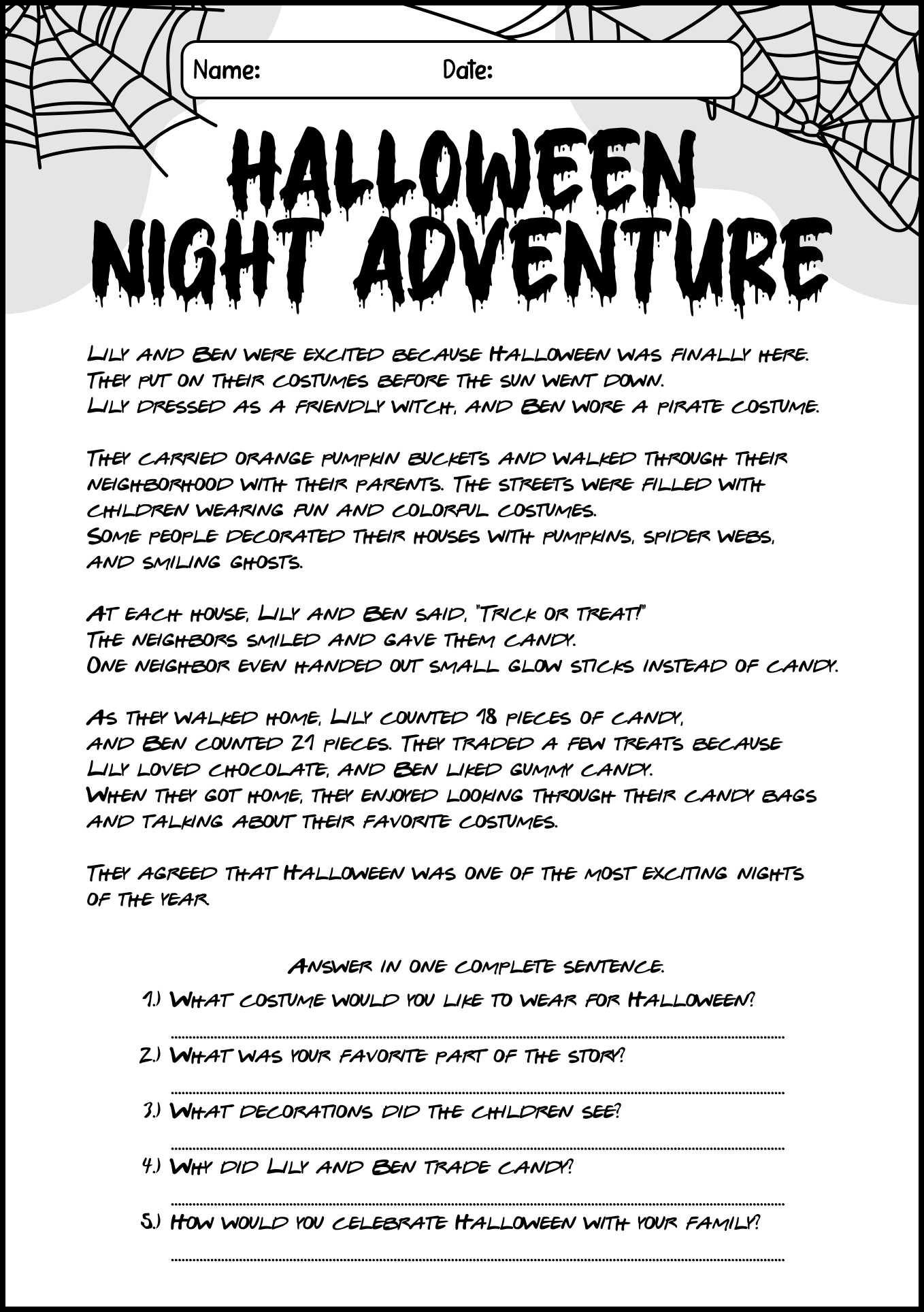 Second Grade Halloween Reading Worksheets