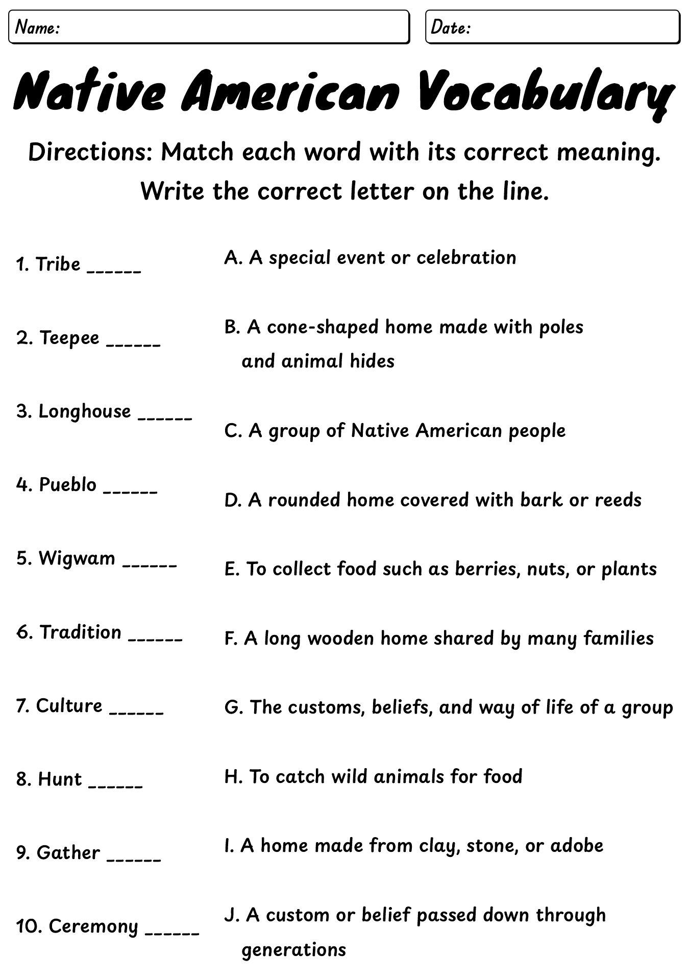 Second Grade History Worksheets On Native Americans