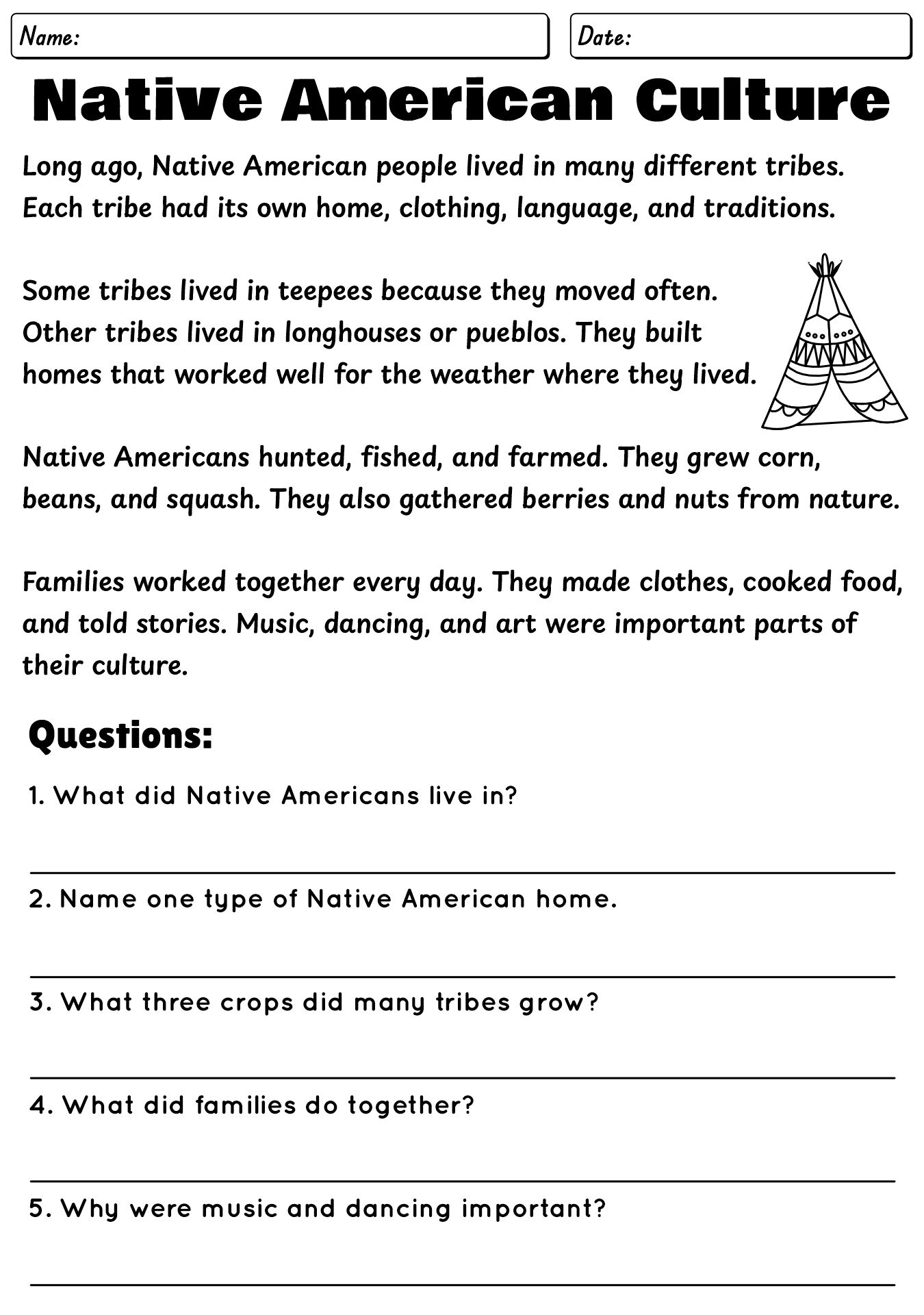 Second Grade Native American Culture Worksheets