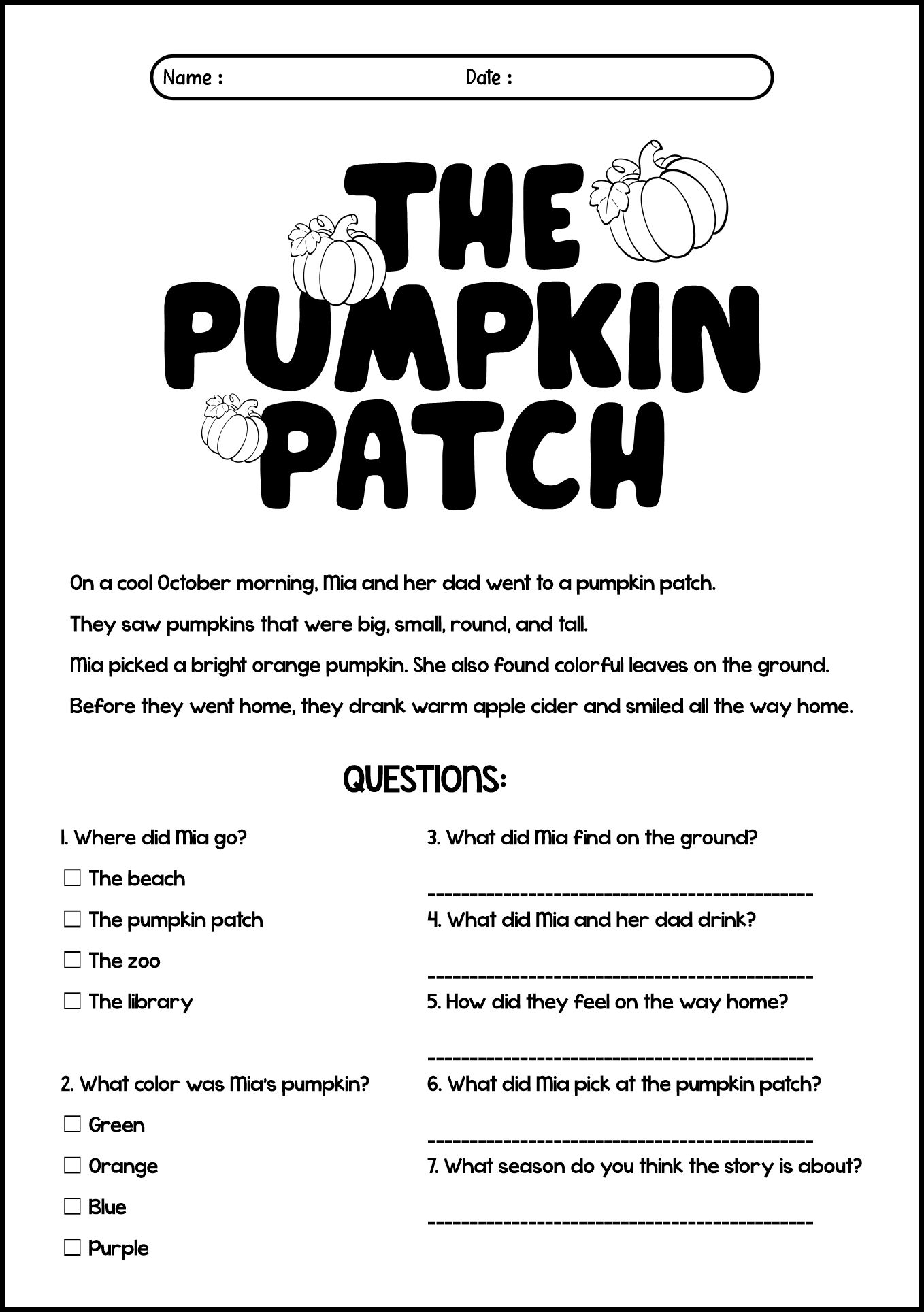 Second Grade October Reading Activities Sheet