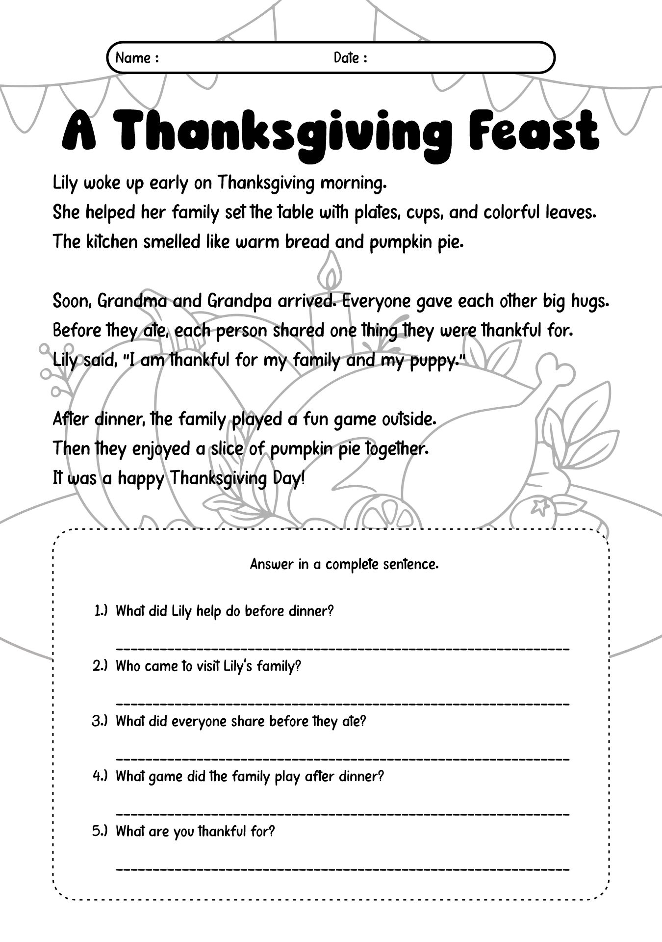 Second Grade Thanksgiving Reading Worksheet