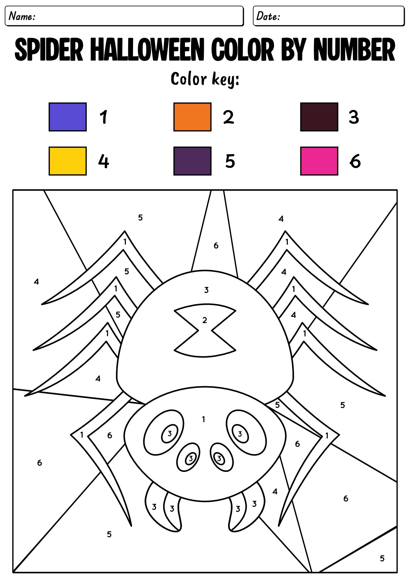 Spider Halloween Color By Number Worksheet