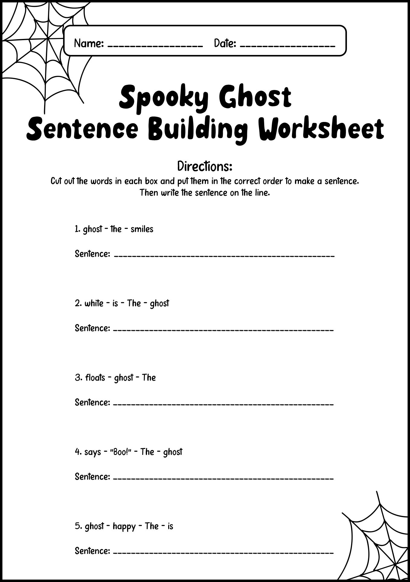 Spooky Ghost Sentence Building Worksheets for 1st Grade