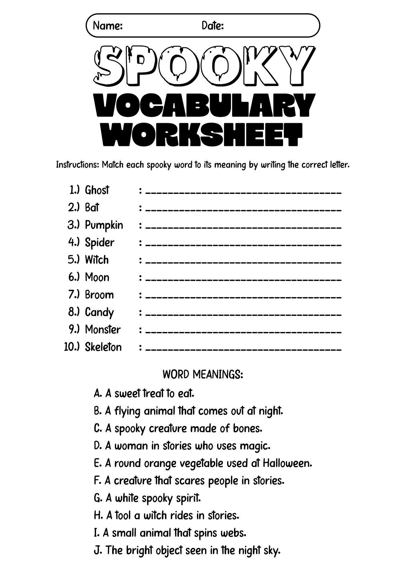 Spooky Vocabulary Worksheets for 1st Grade