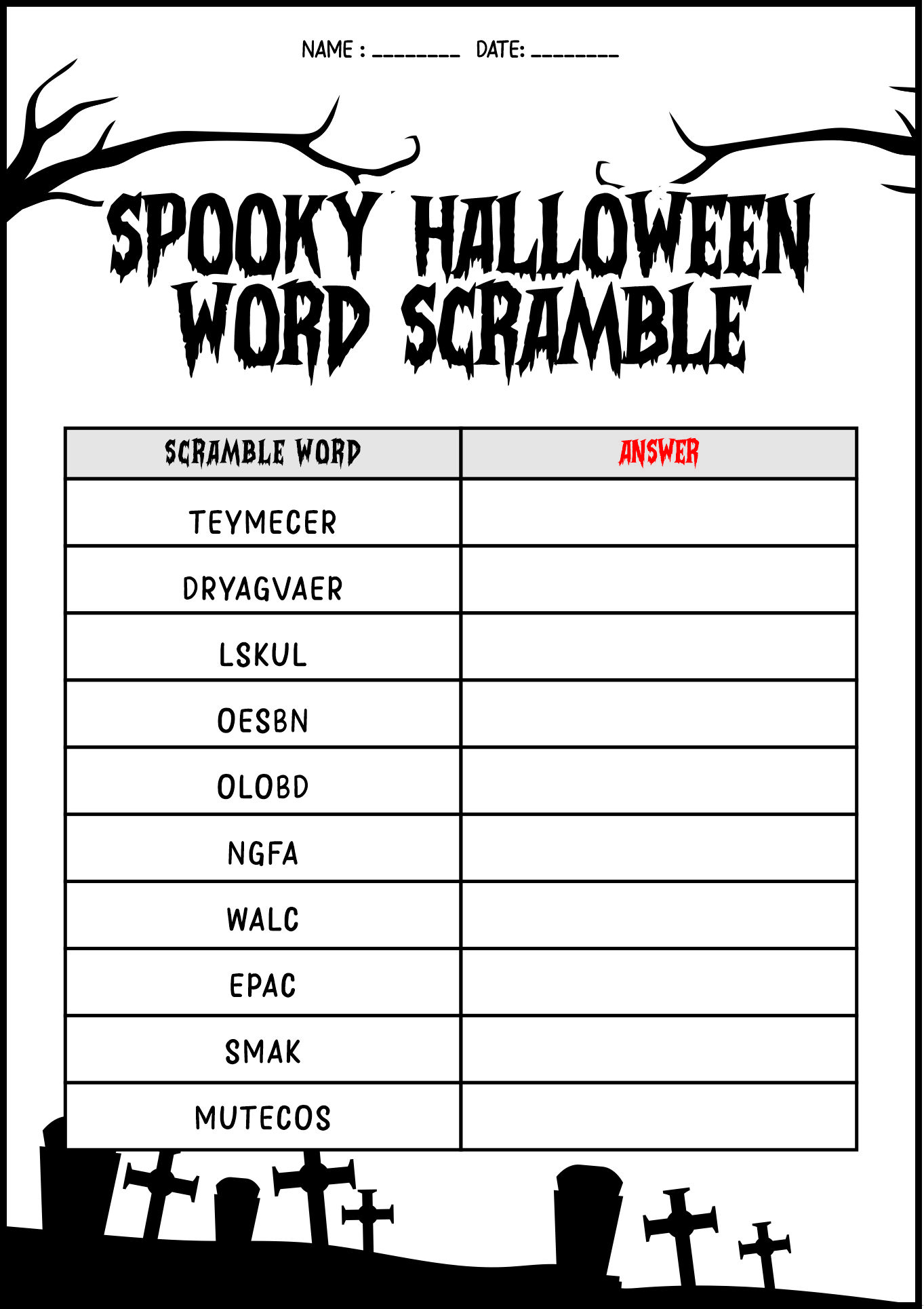 Spooky Word Scramble Worksheet for Halloween