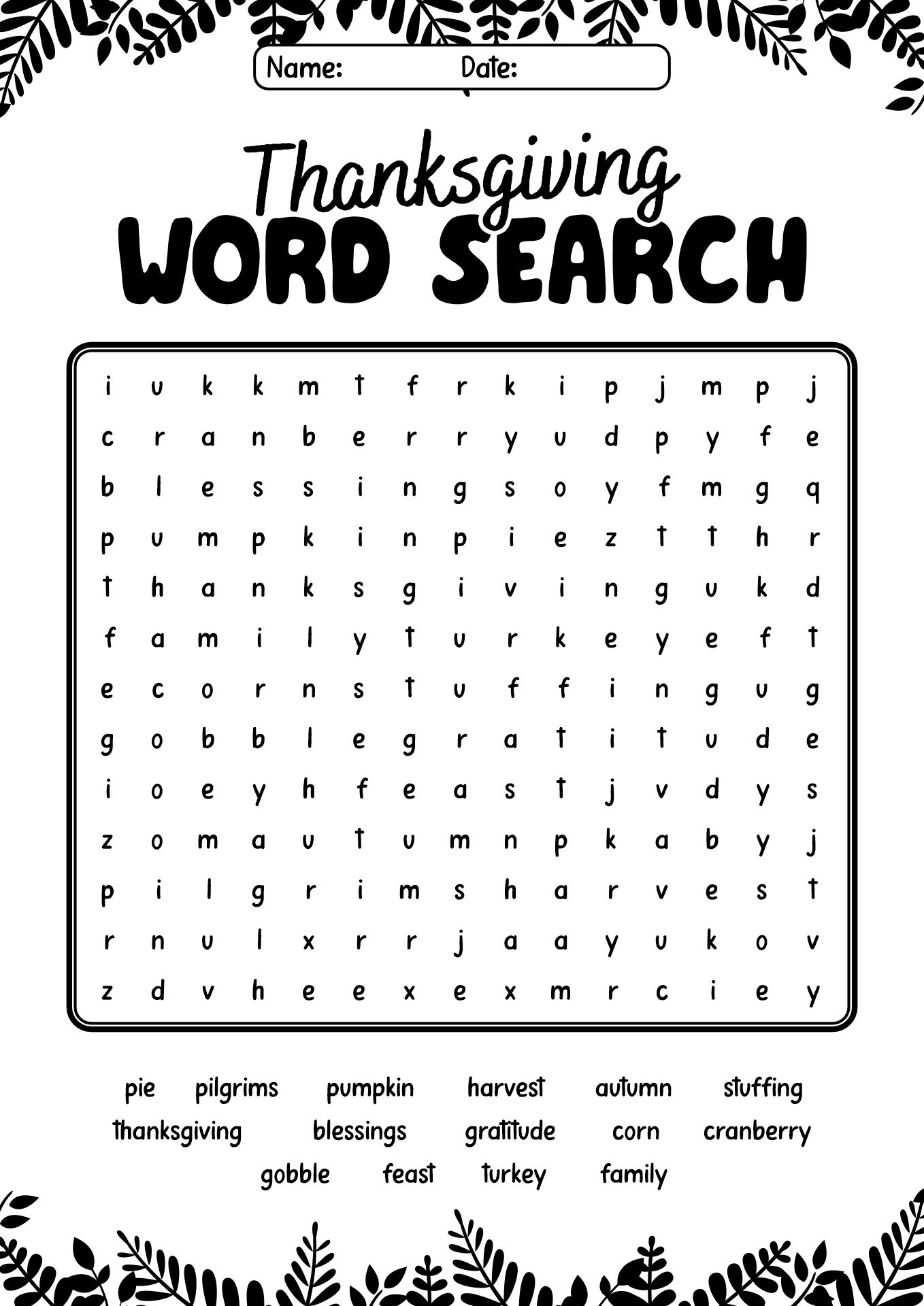 Thanksgiving Word Search Activities