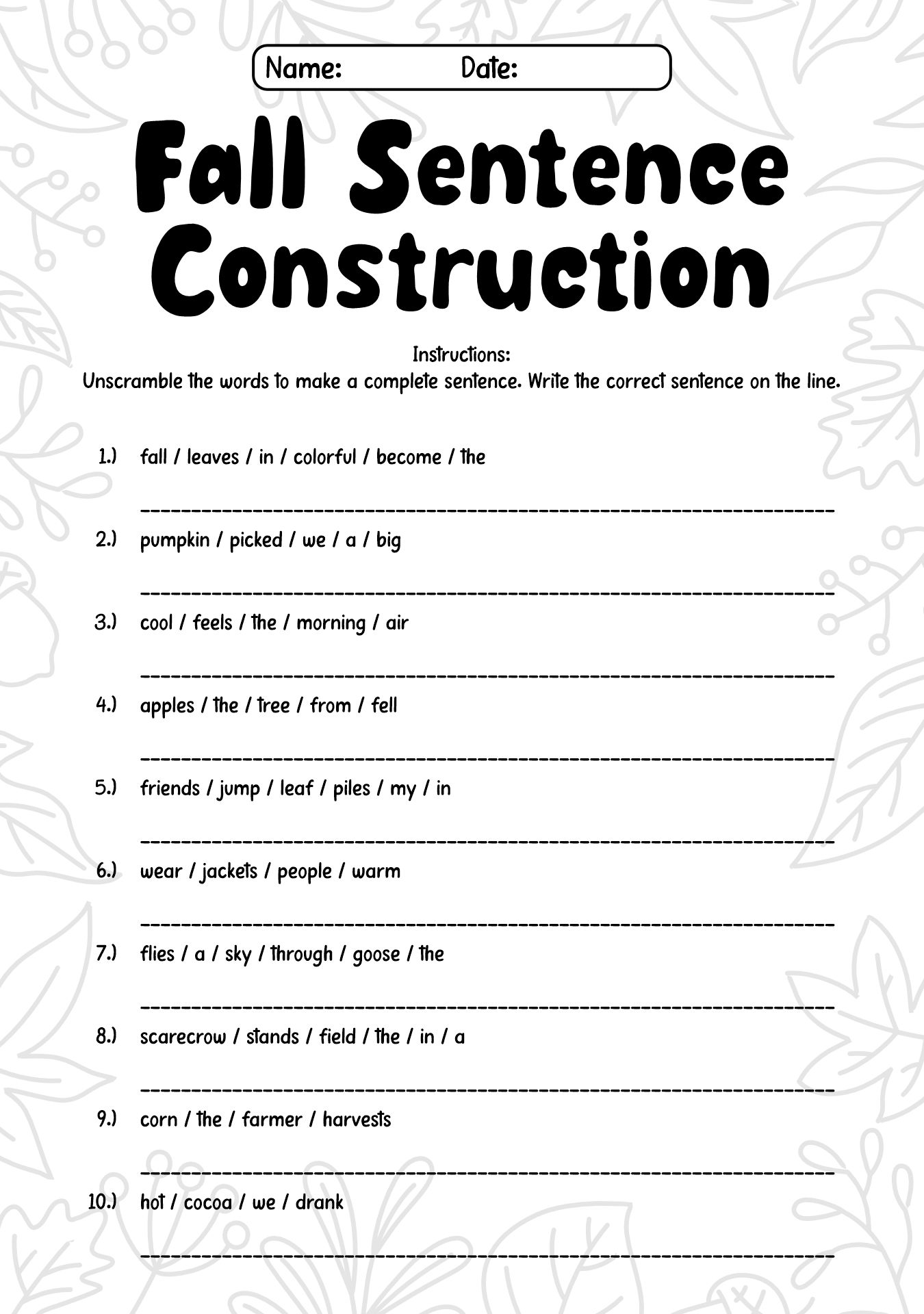 Third Grade Fall Sentence Construction Workbooks