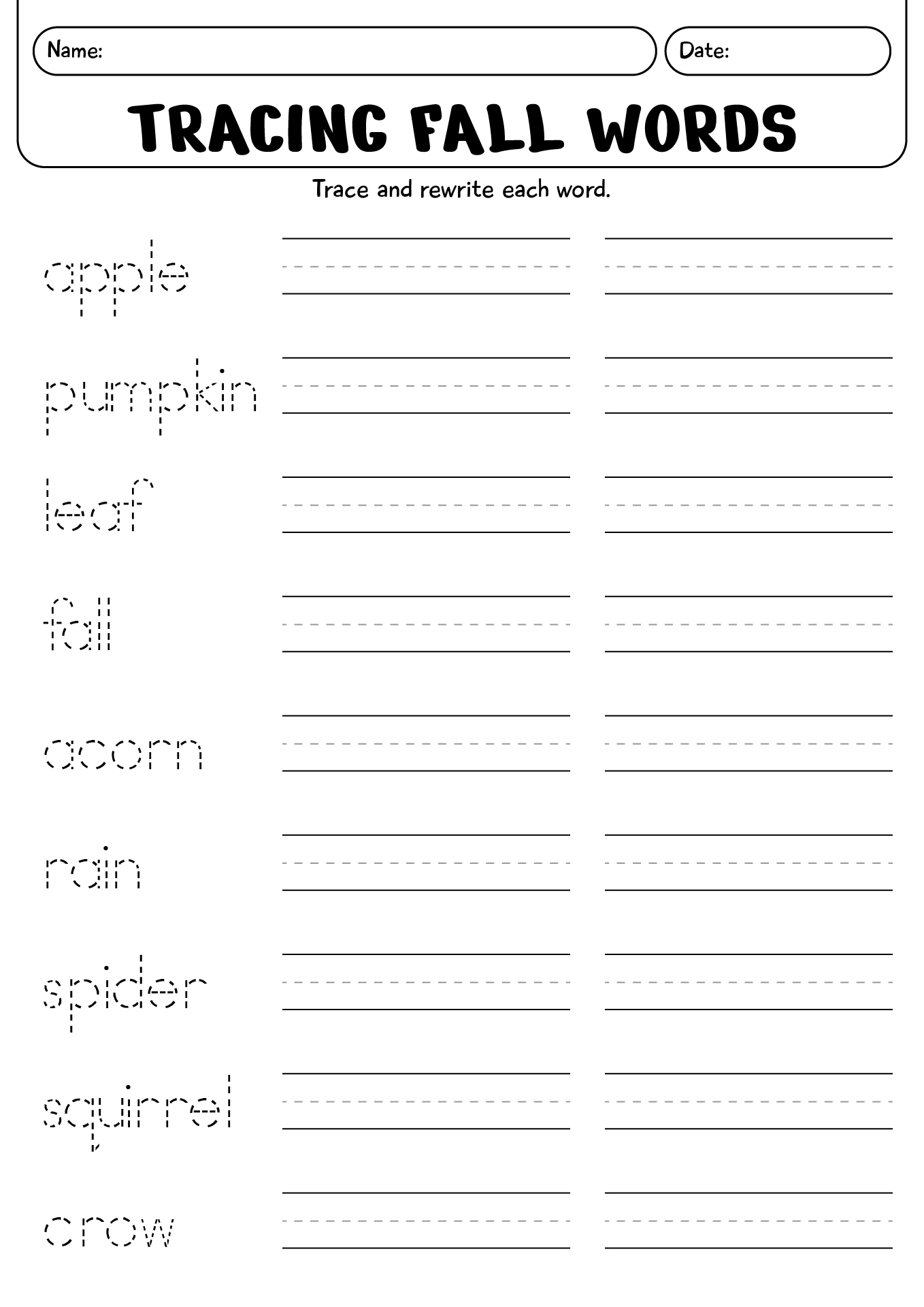 Tracing Fall Words Worksheet