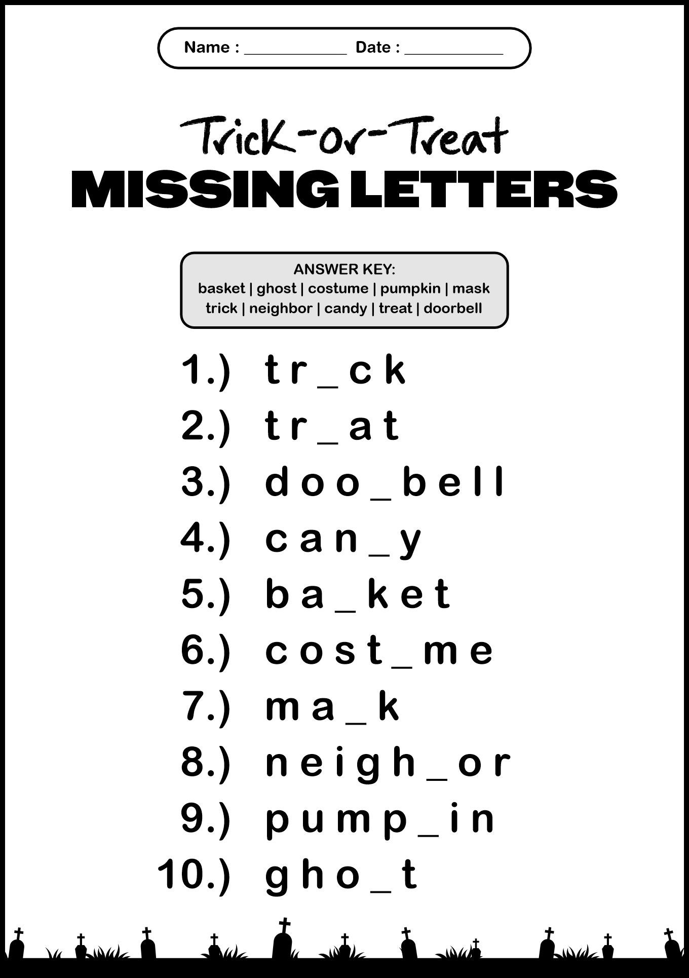 Trick-or-Treat Missing Letters Worksheet