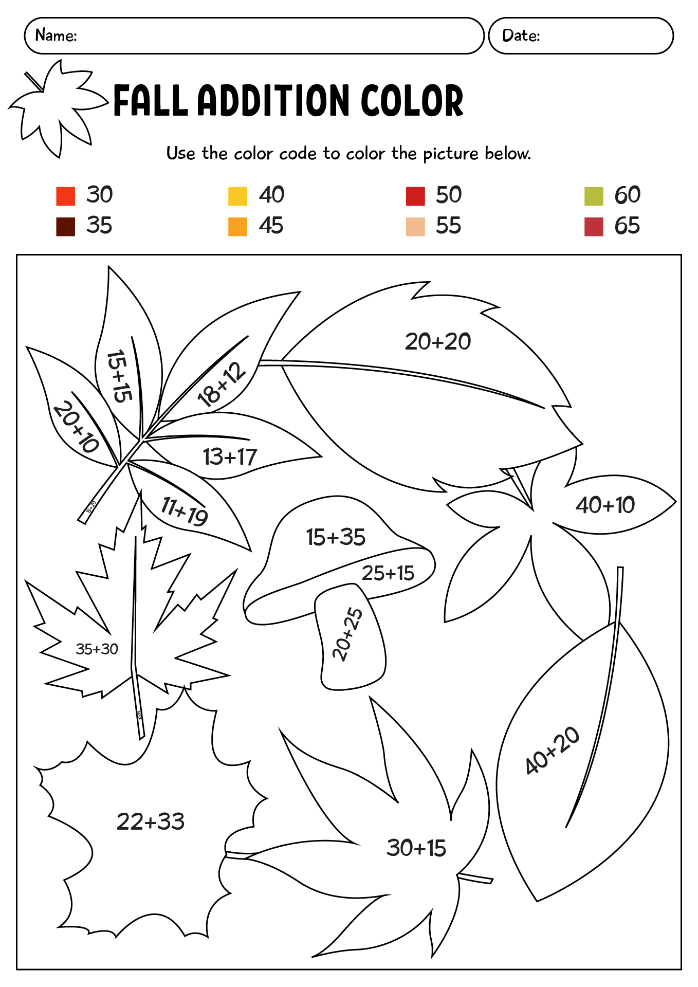 Two Digits Addition Color By Number For Fall Worksheet