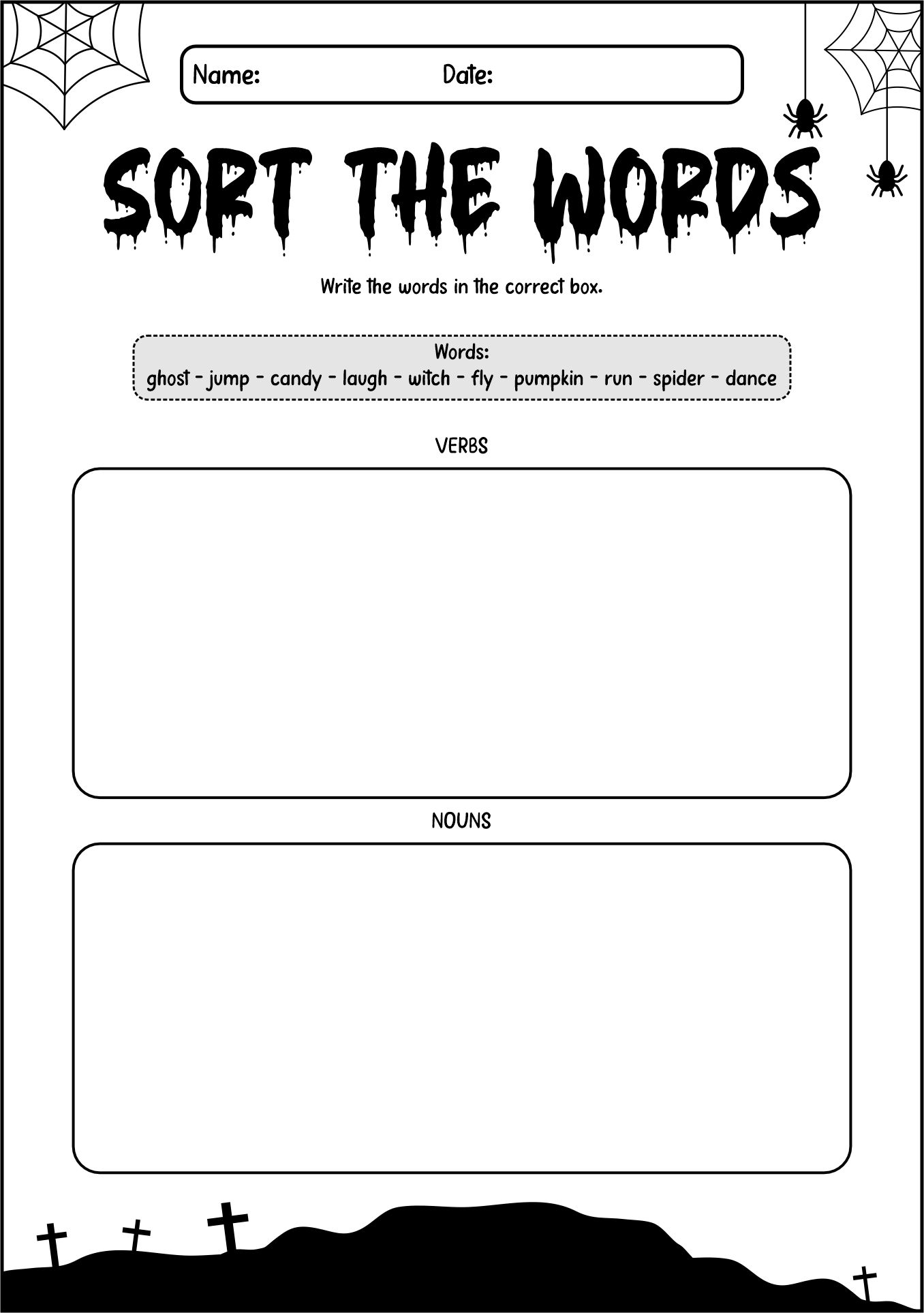 Verbs and Nouns Halloween Exercise Sheet