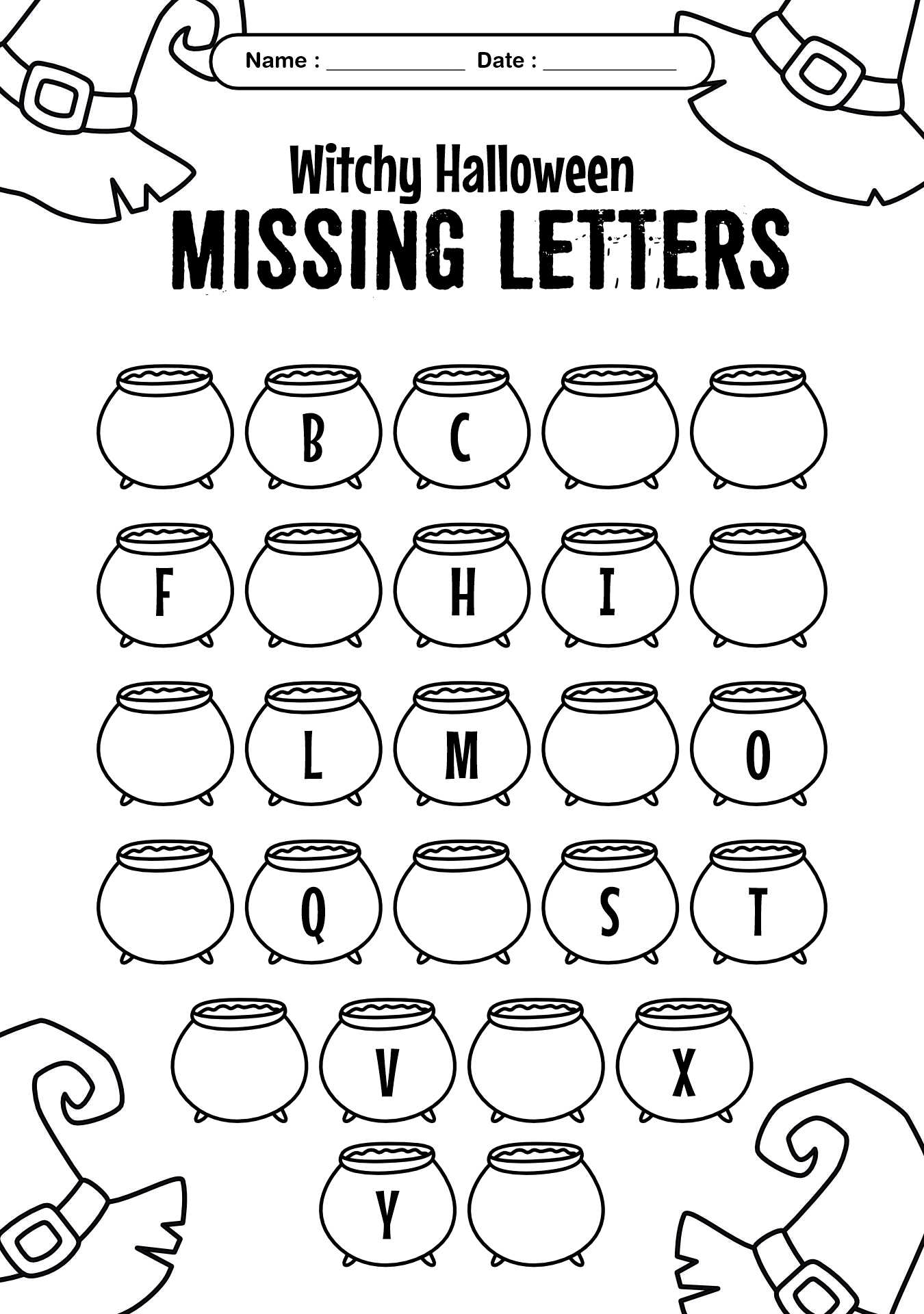 Witchy Halloween Missing Letter Printable Worksheet