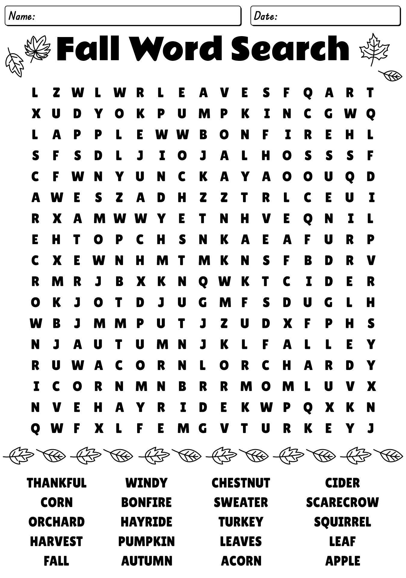 Word Search Fall Worksheets