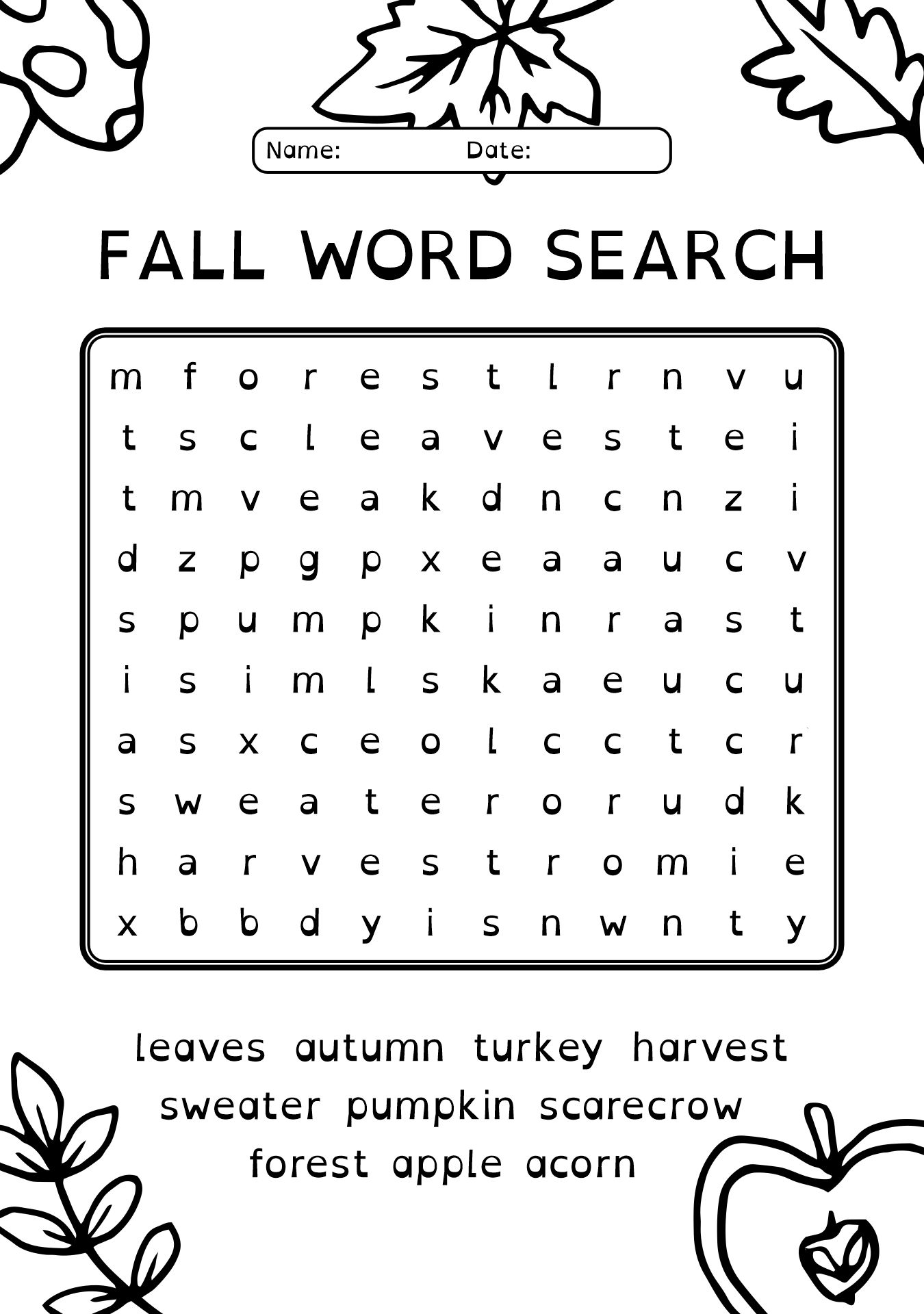 Word Search Fall Worksheets
