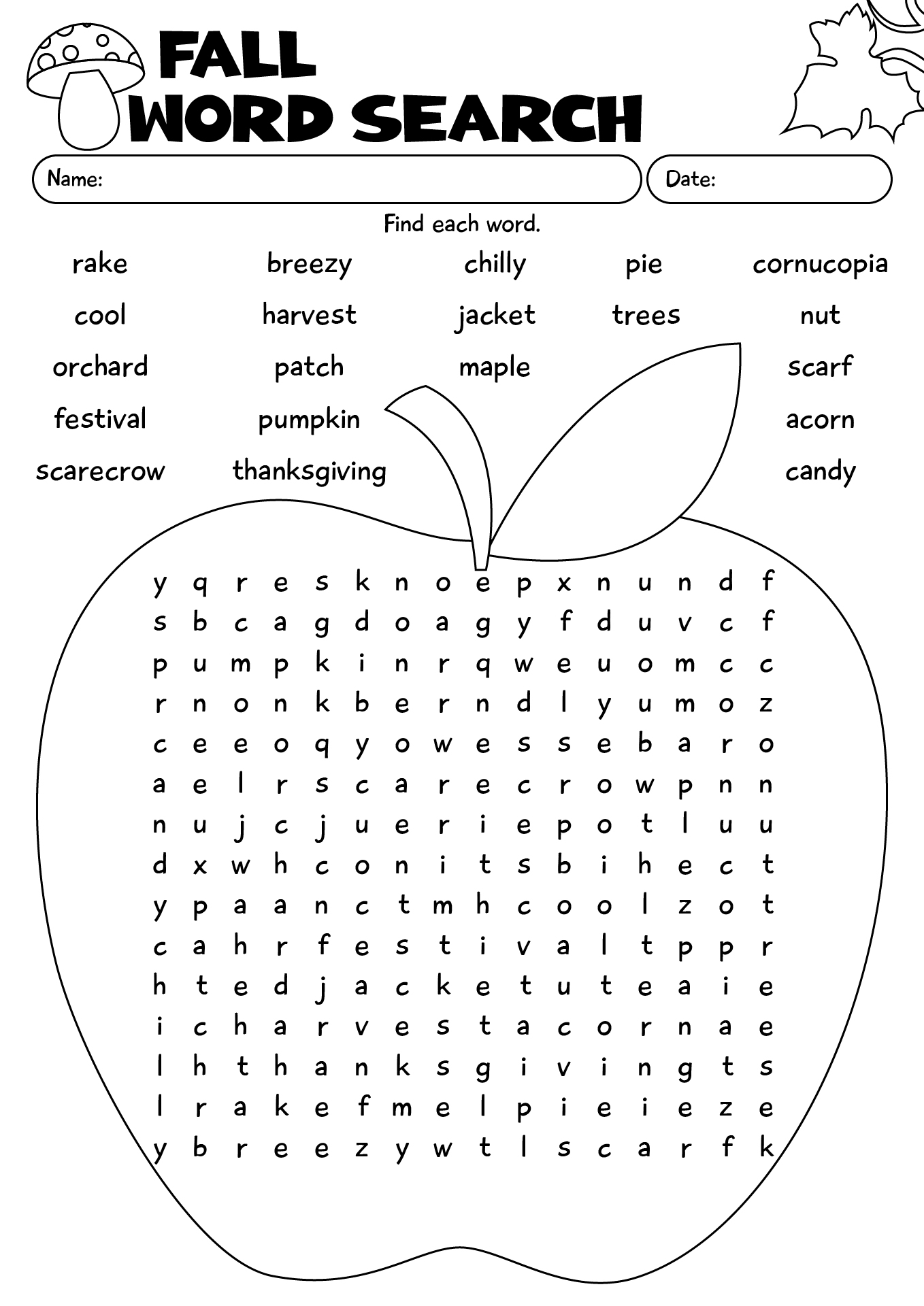 Worksheet Printable Easy Fall Word Search