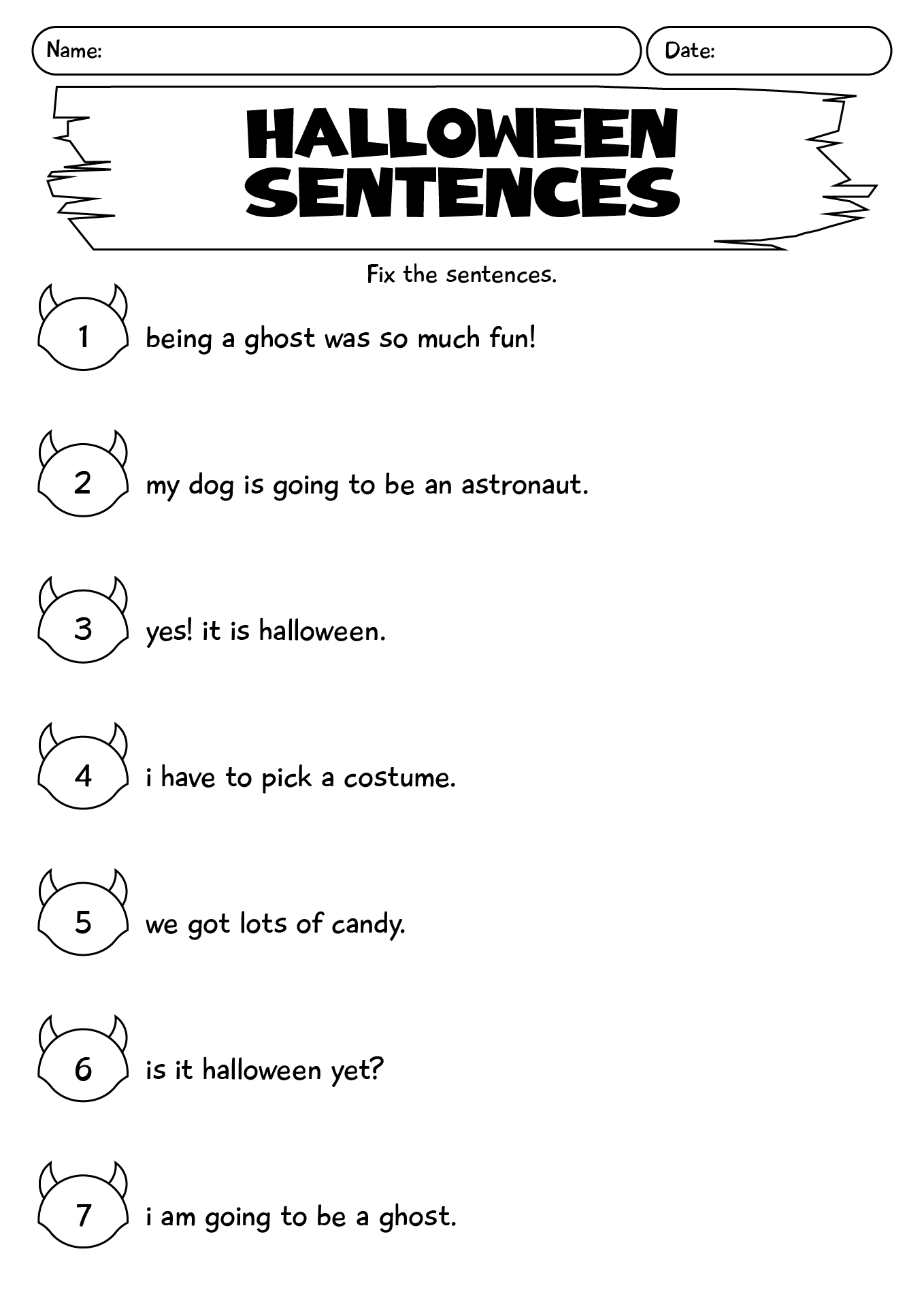Writing Halloween Sentences Worksheet