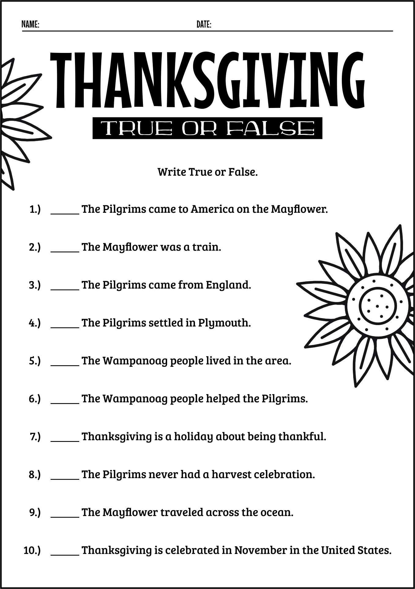 1st Grade Thanksgiving History Worksheets
