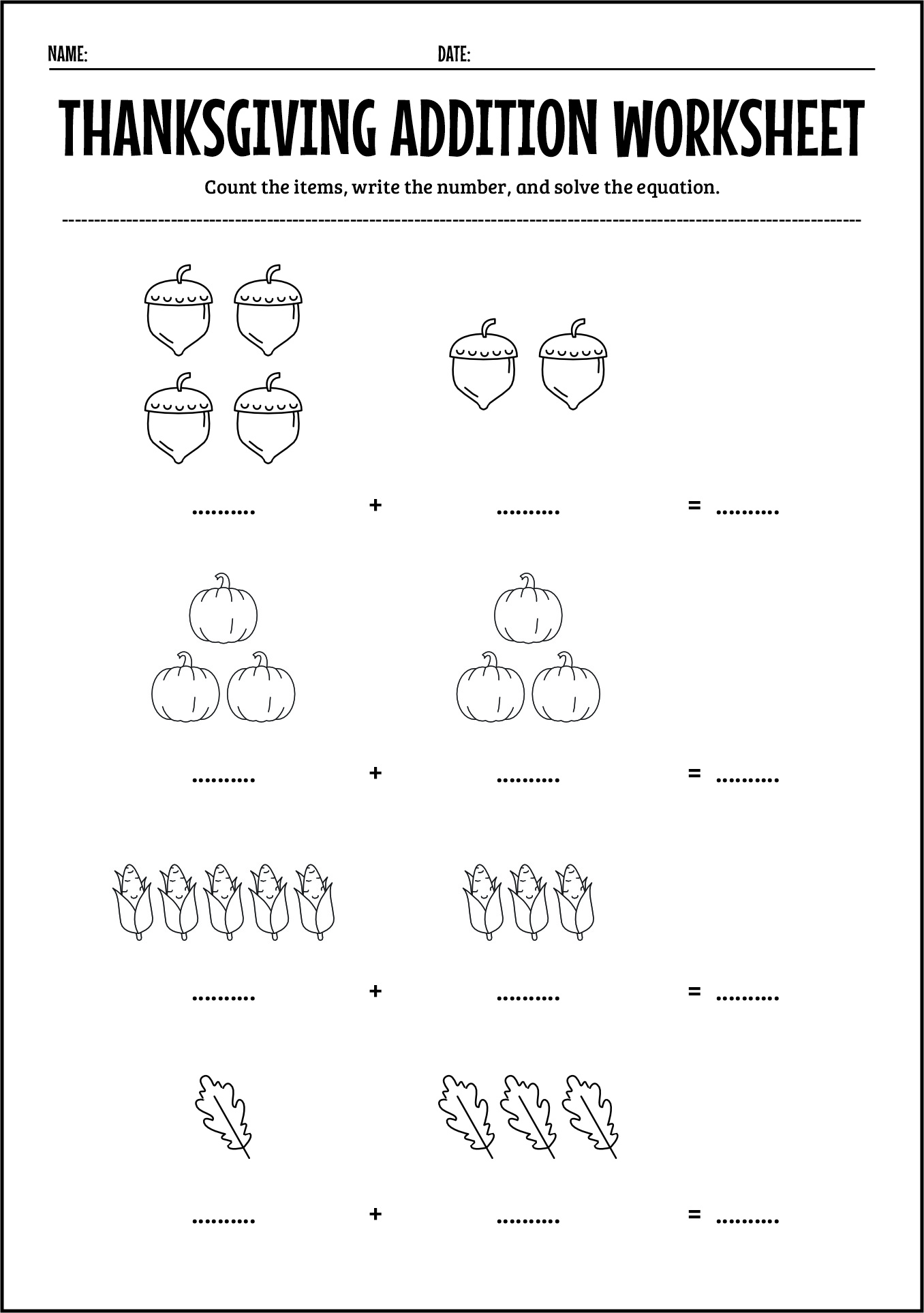 1st Grade Thanksgiving Math Worksheets