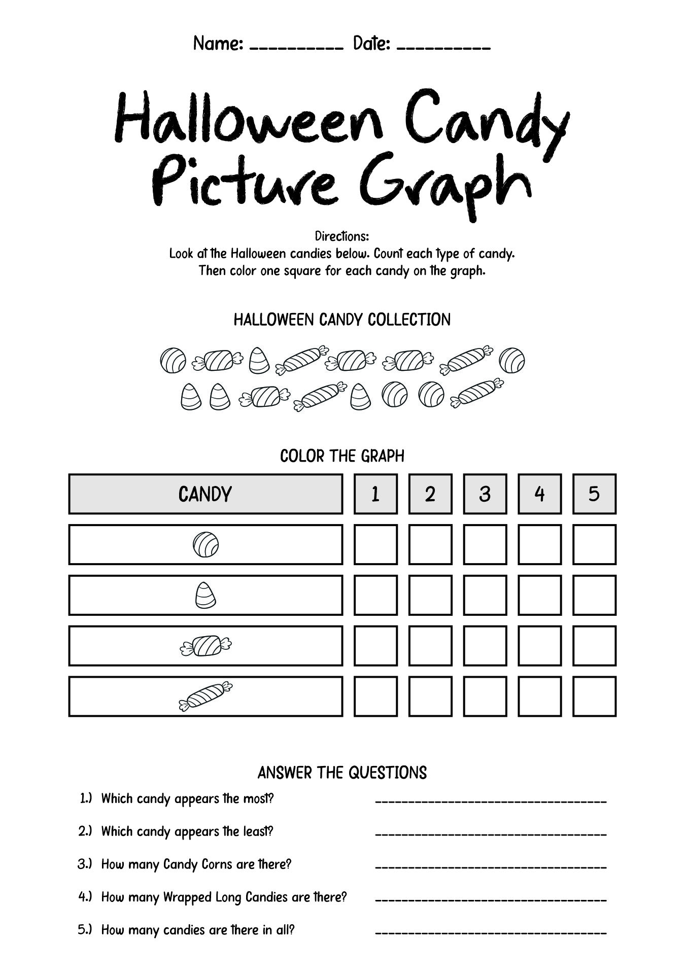1st Grade Worksheets on Graphing Types of Halloween Candy