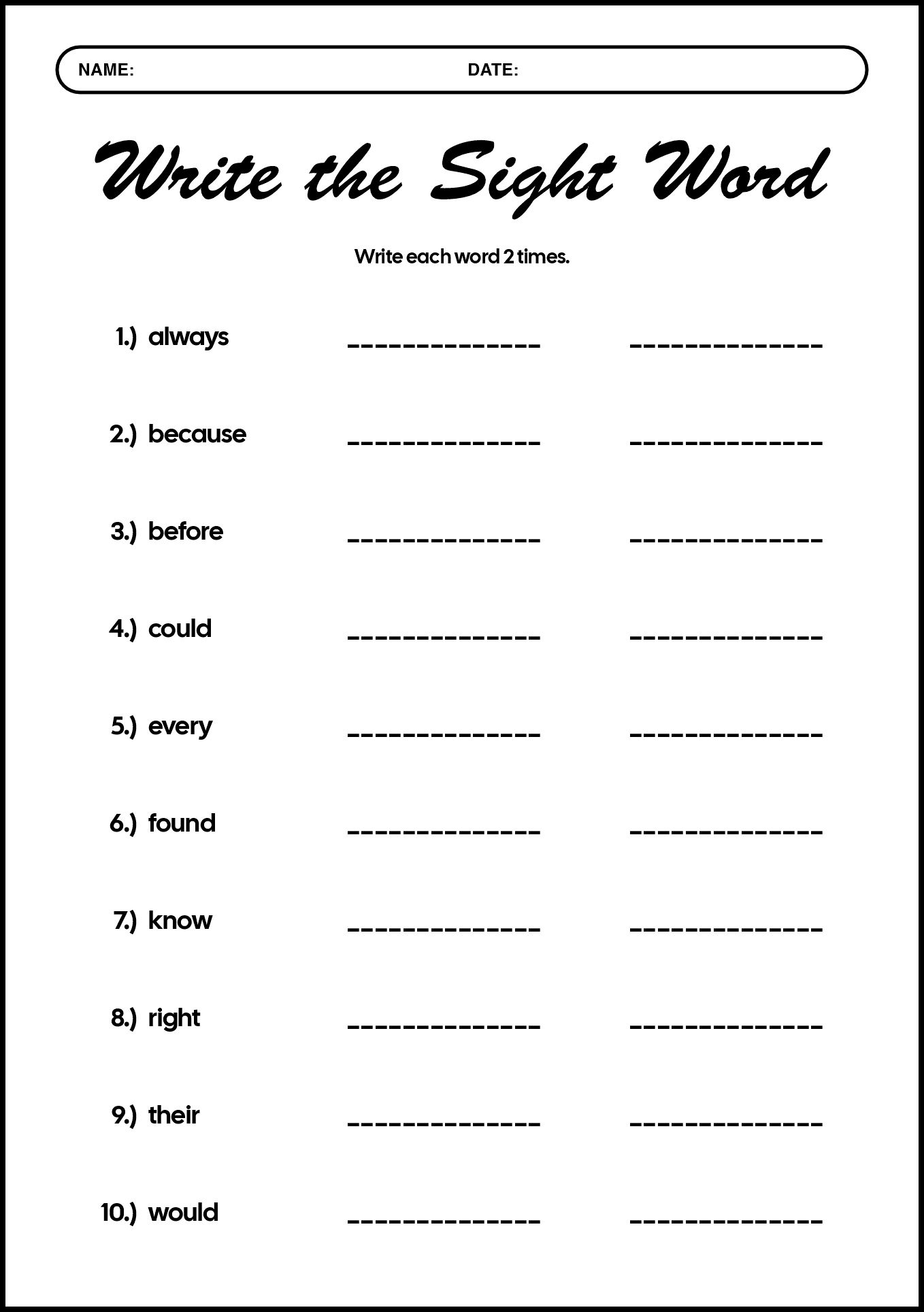 2nd Grade Sight Words Worksheets Printable