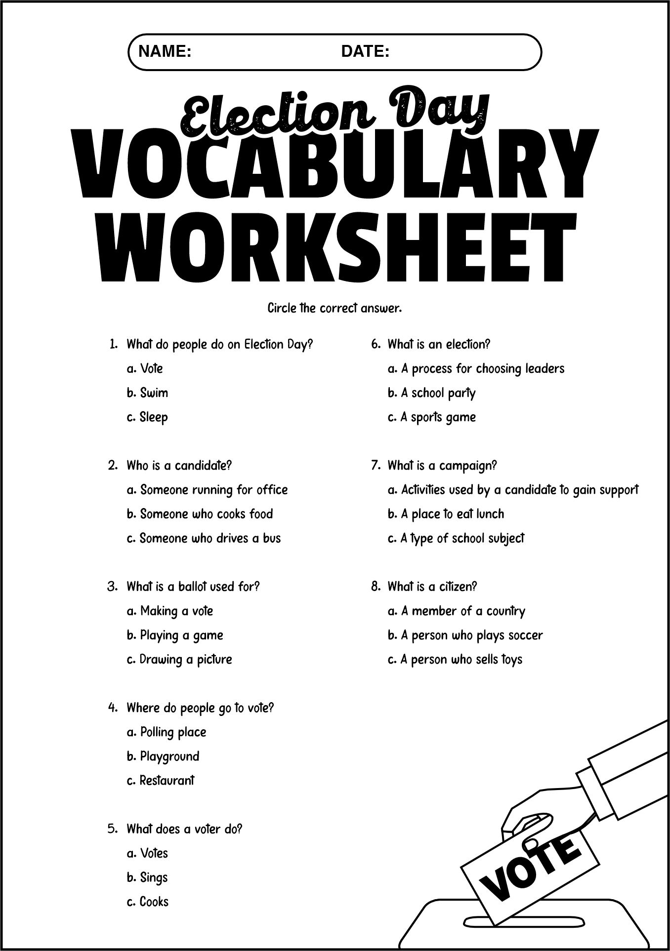 3rd Grade Election Day Vocabulary Worksheet