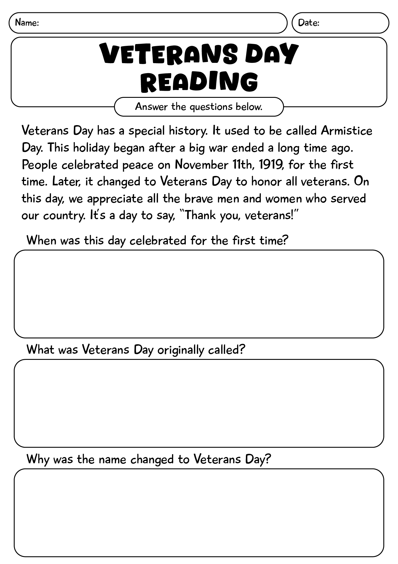 3rd Grade Veterans Day Reading Worksheet