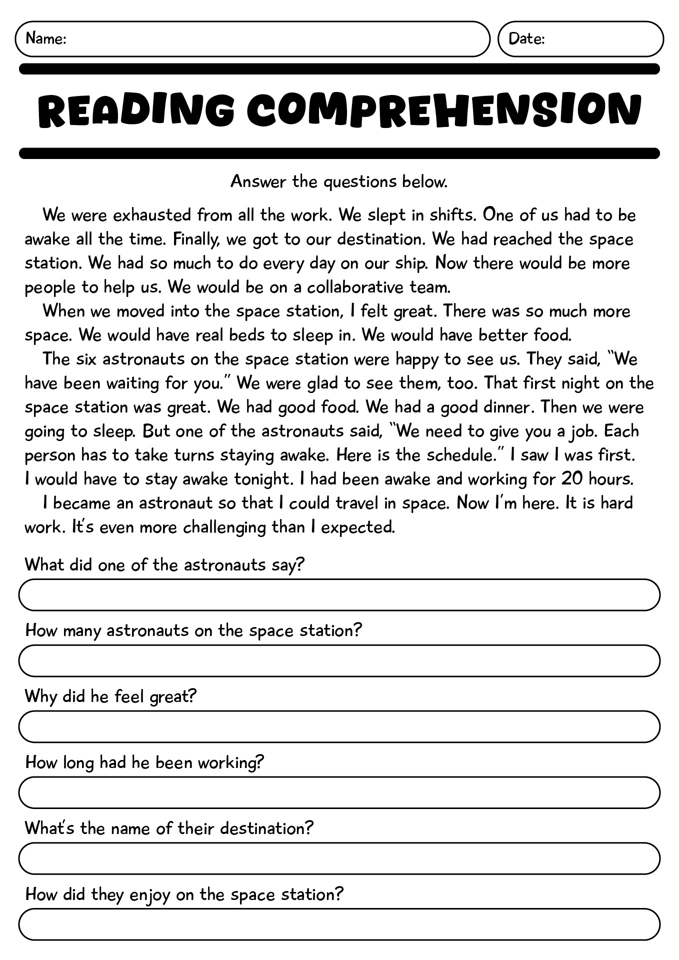 4th Grade Comprehension Questions Worksheets