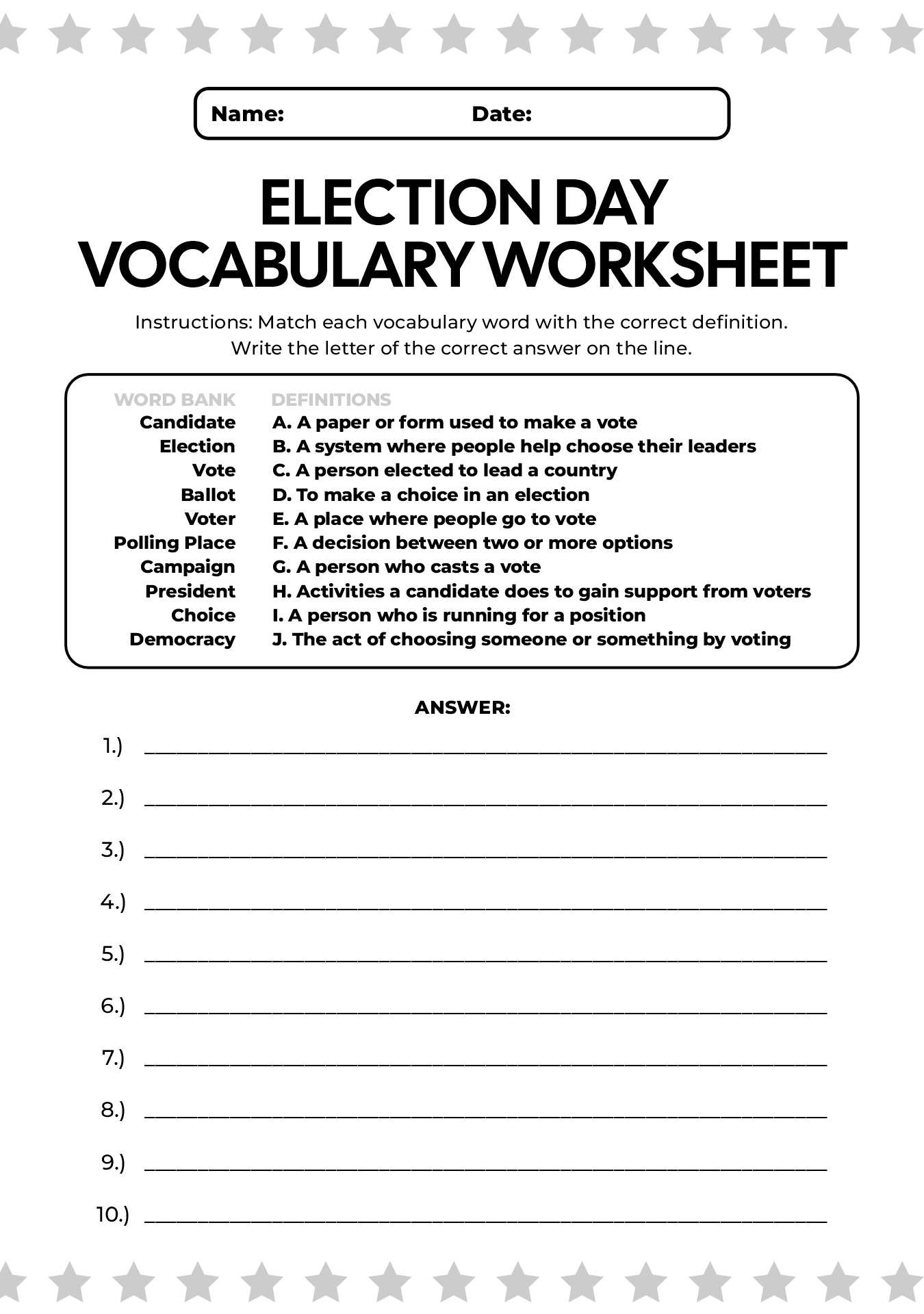 4th Grade Election Day Vocabulary Worksheet