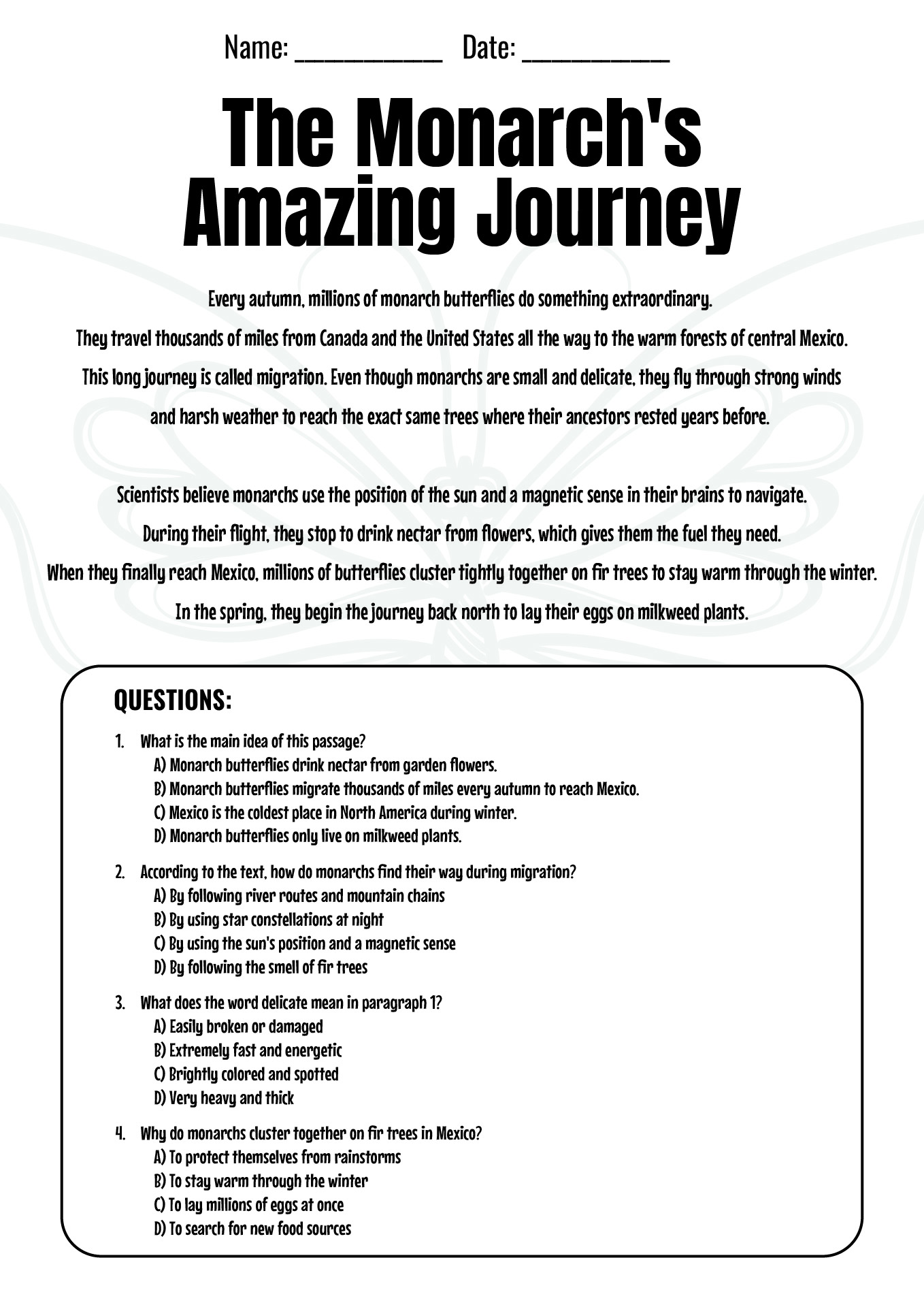 4th Grade Reading Comprehension Worksheets Multiple Choice Questions