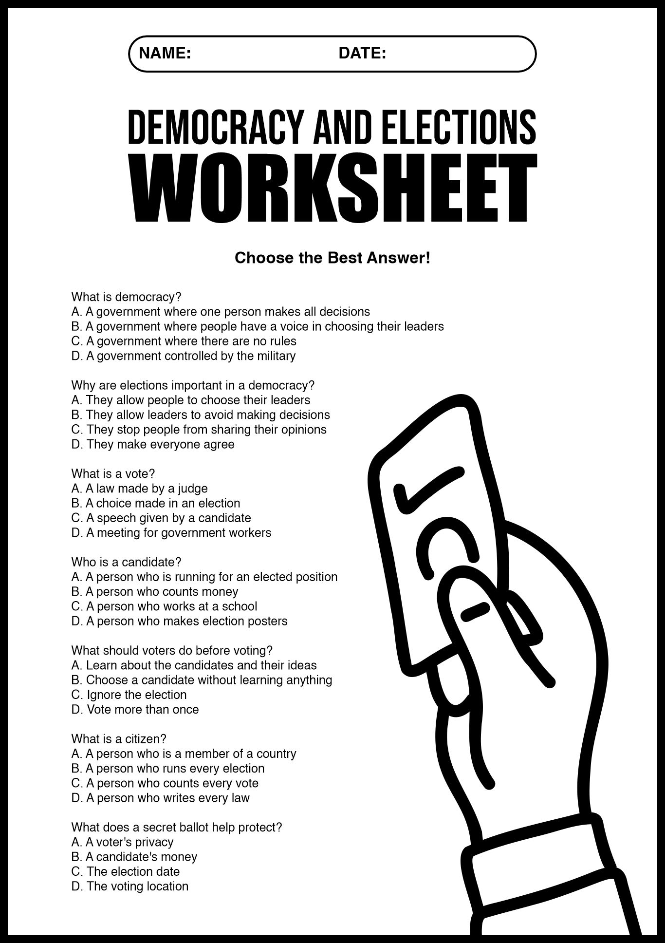5th Grade Democracy and Elections Worksheet