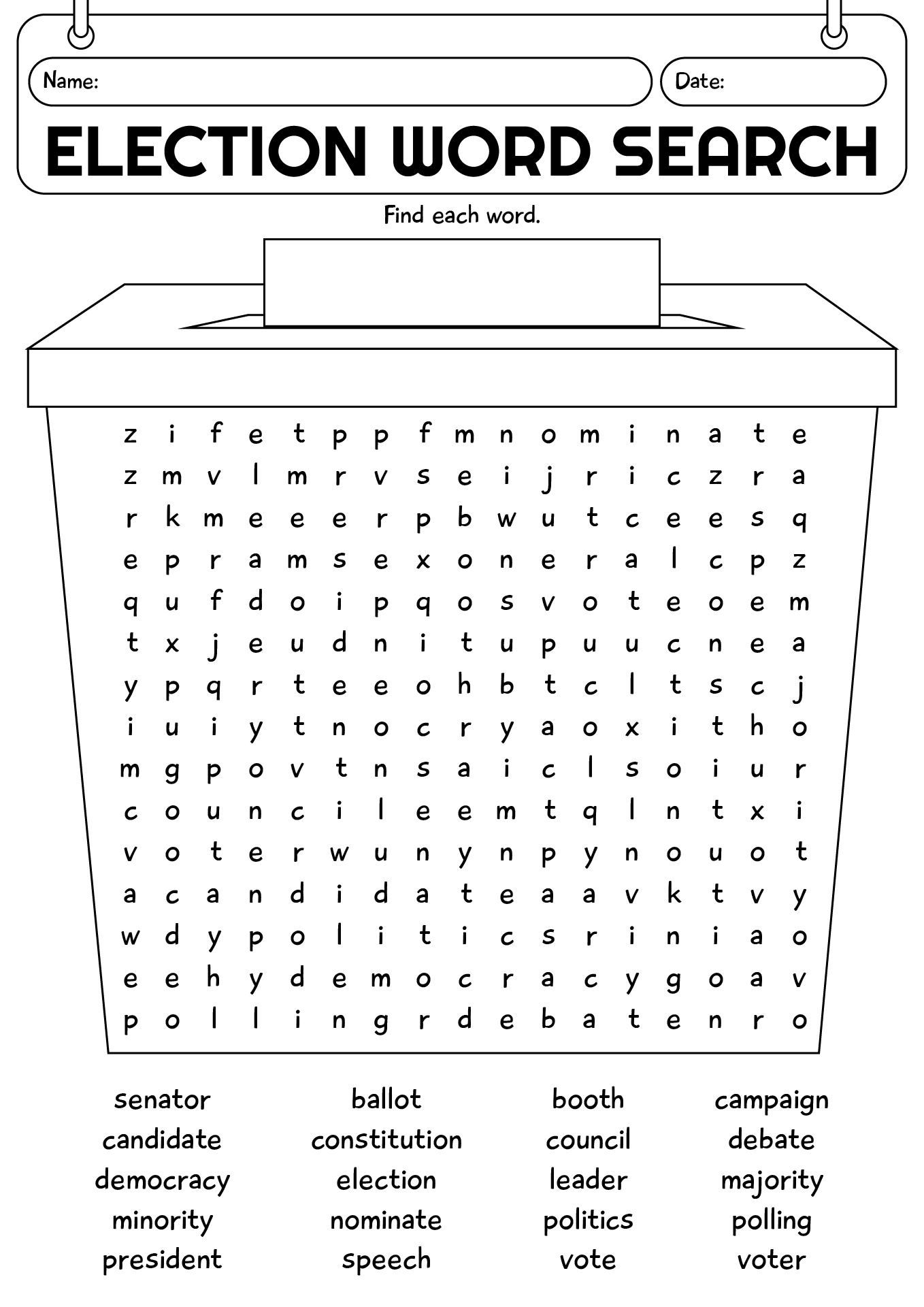 5th Grade Election And Voting Word Search