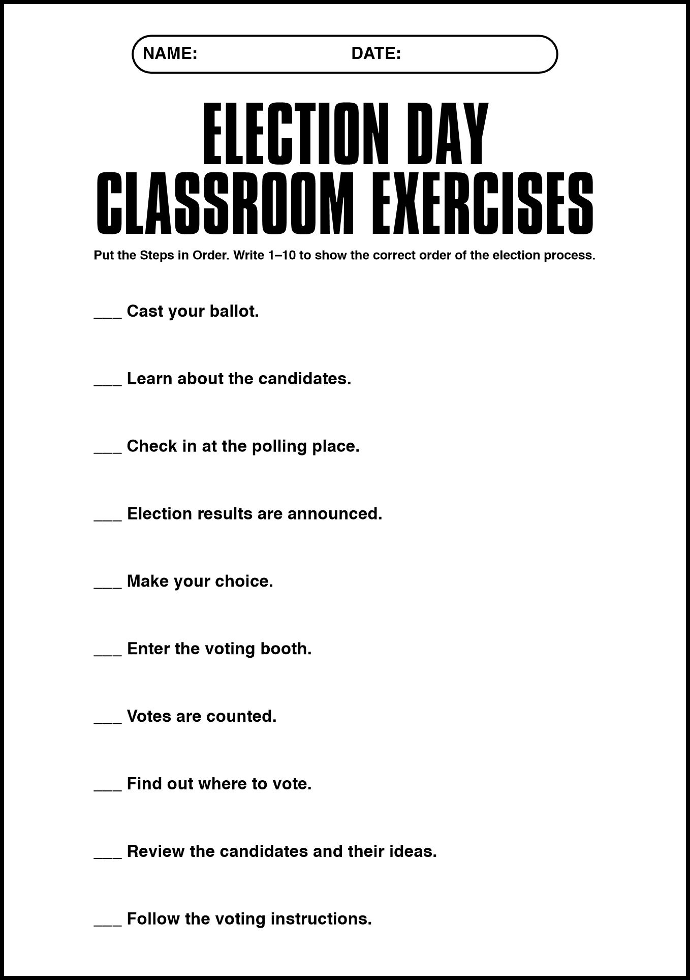 5th Grade Election Day Classroom Exercises