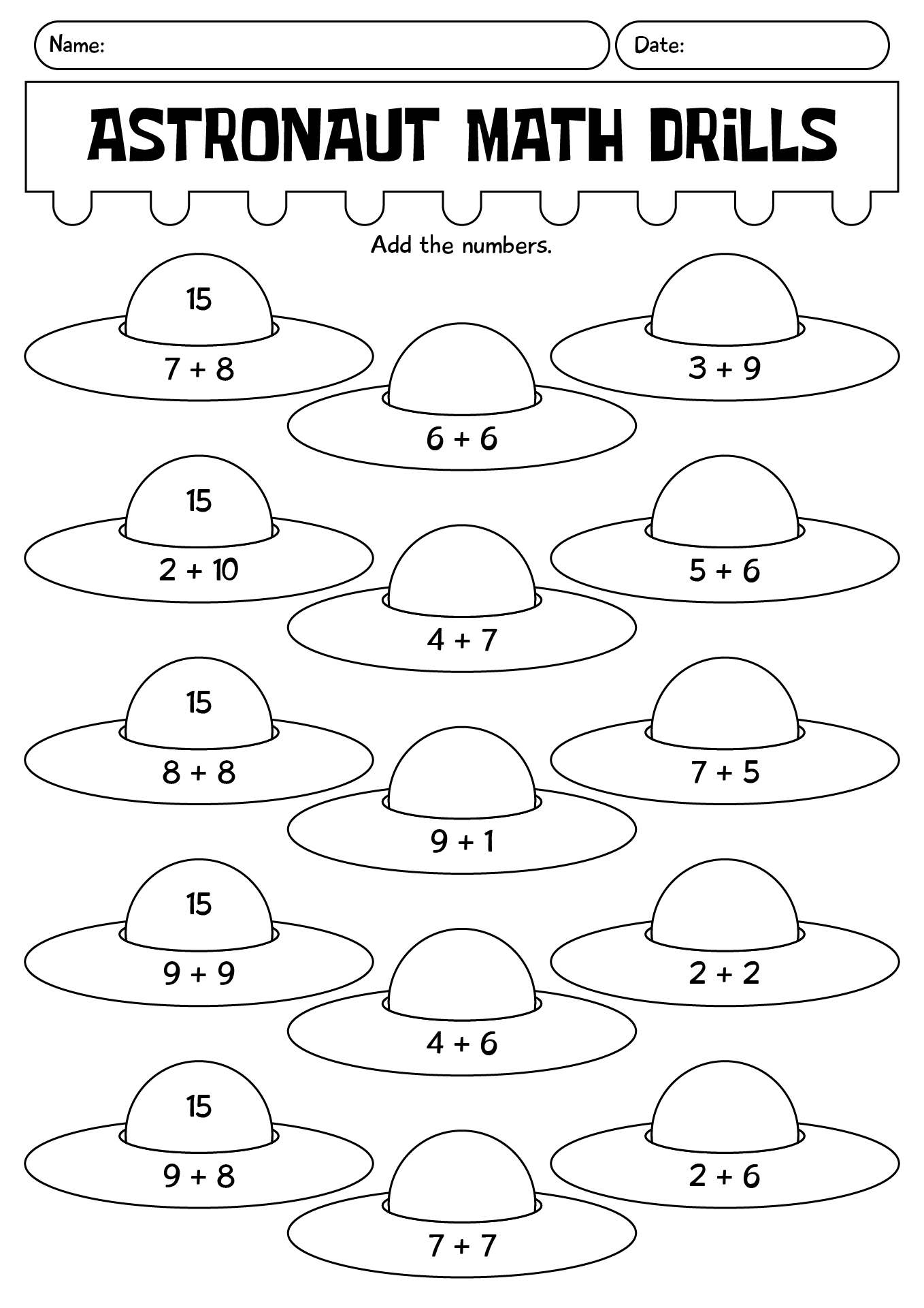 Astronaut Math Drills Worksheet