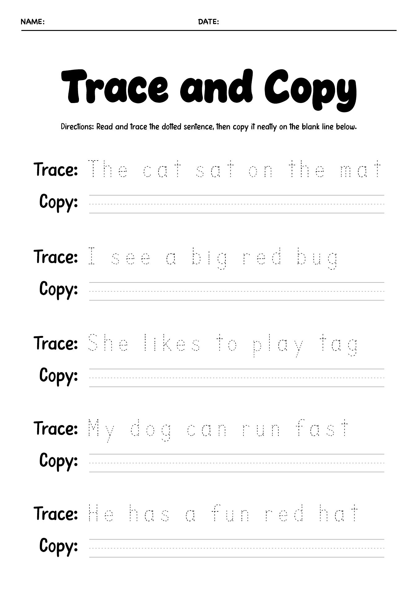 Basic Sentence Writing Exercises for Kindergarten
