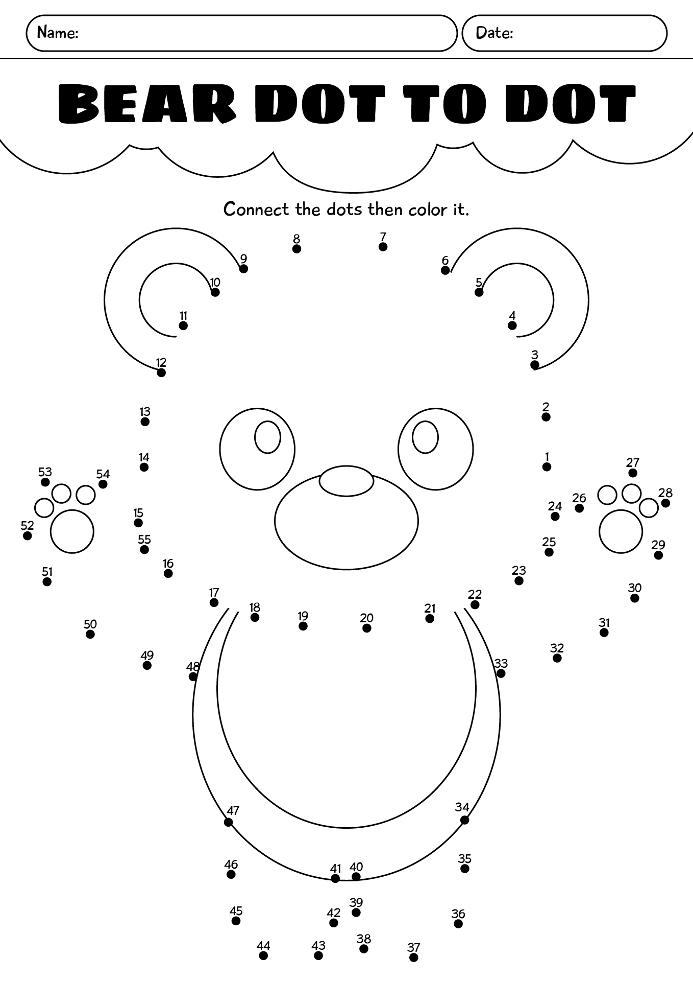 Bear Dot To Dot Worksheet For Kids