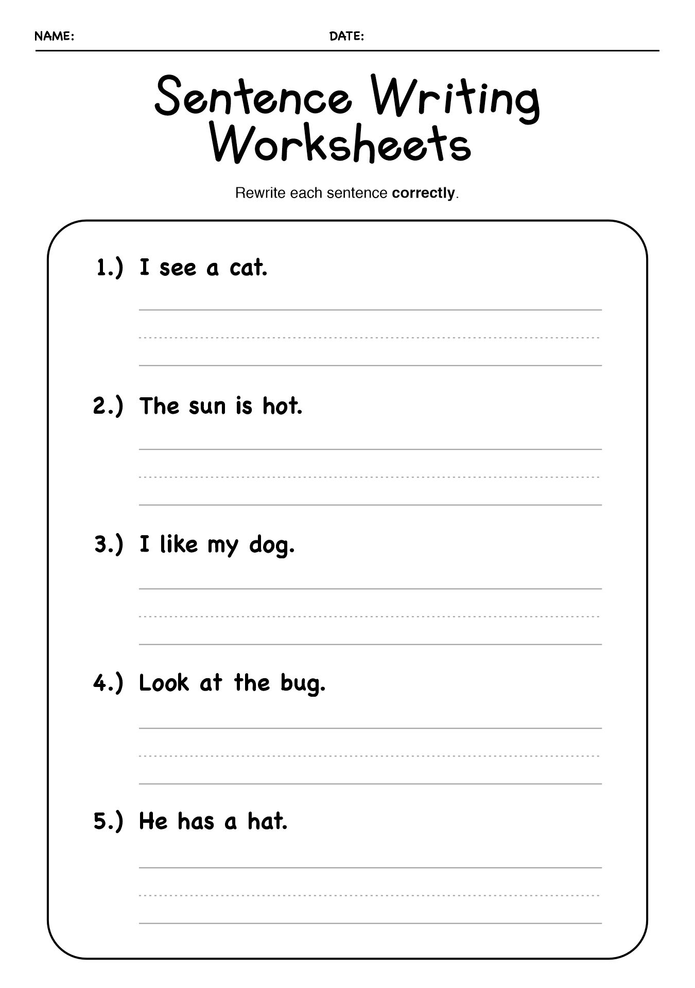Beginner Sentence Writing Worksheets for Kindergarteners