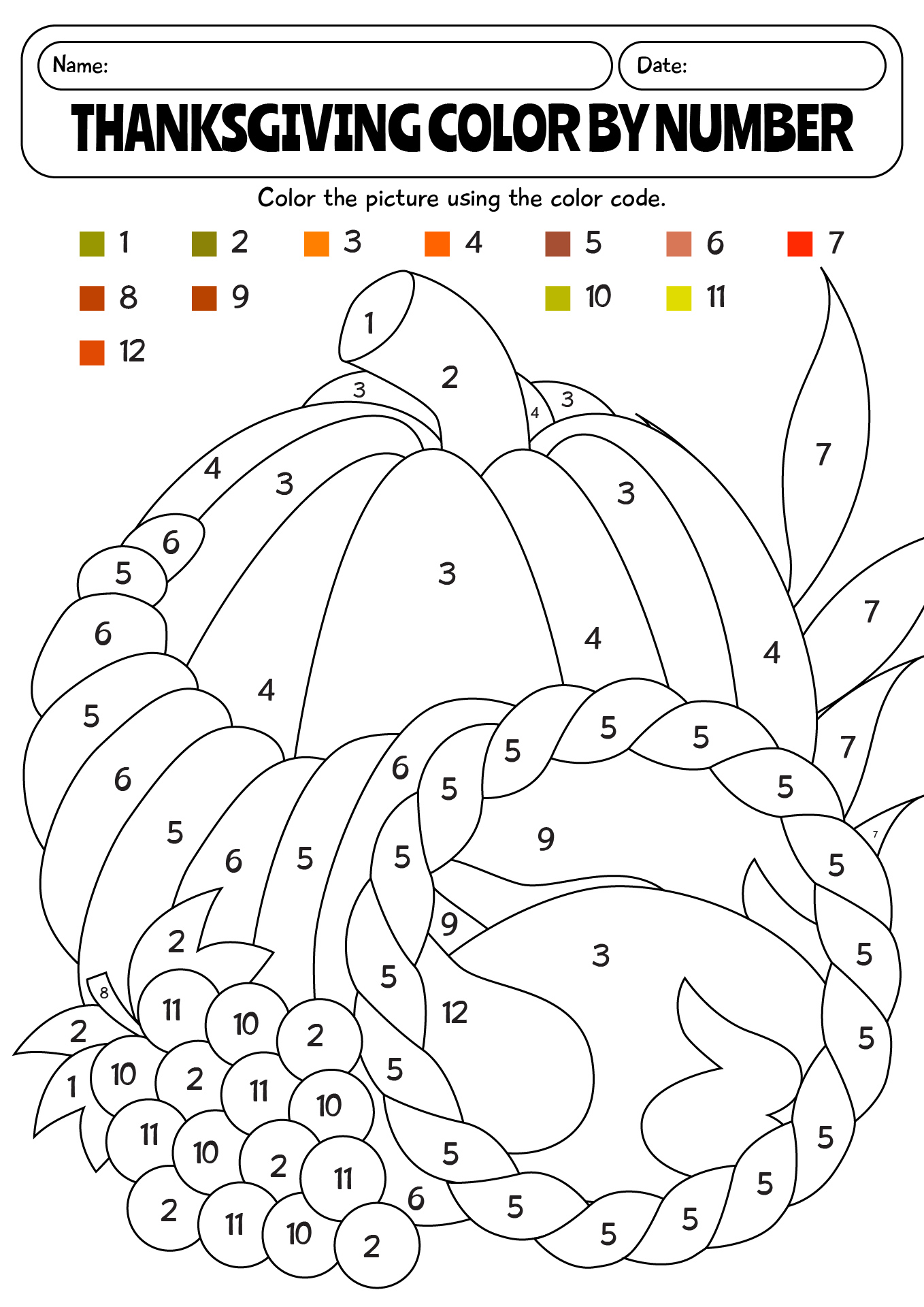 Color By Number Thanksgiving Worksheet