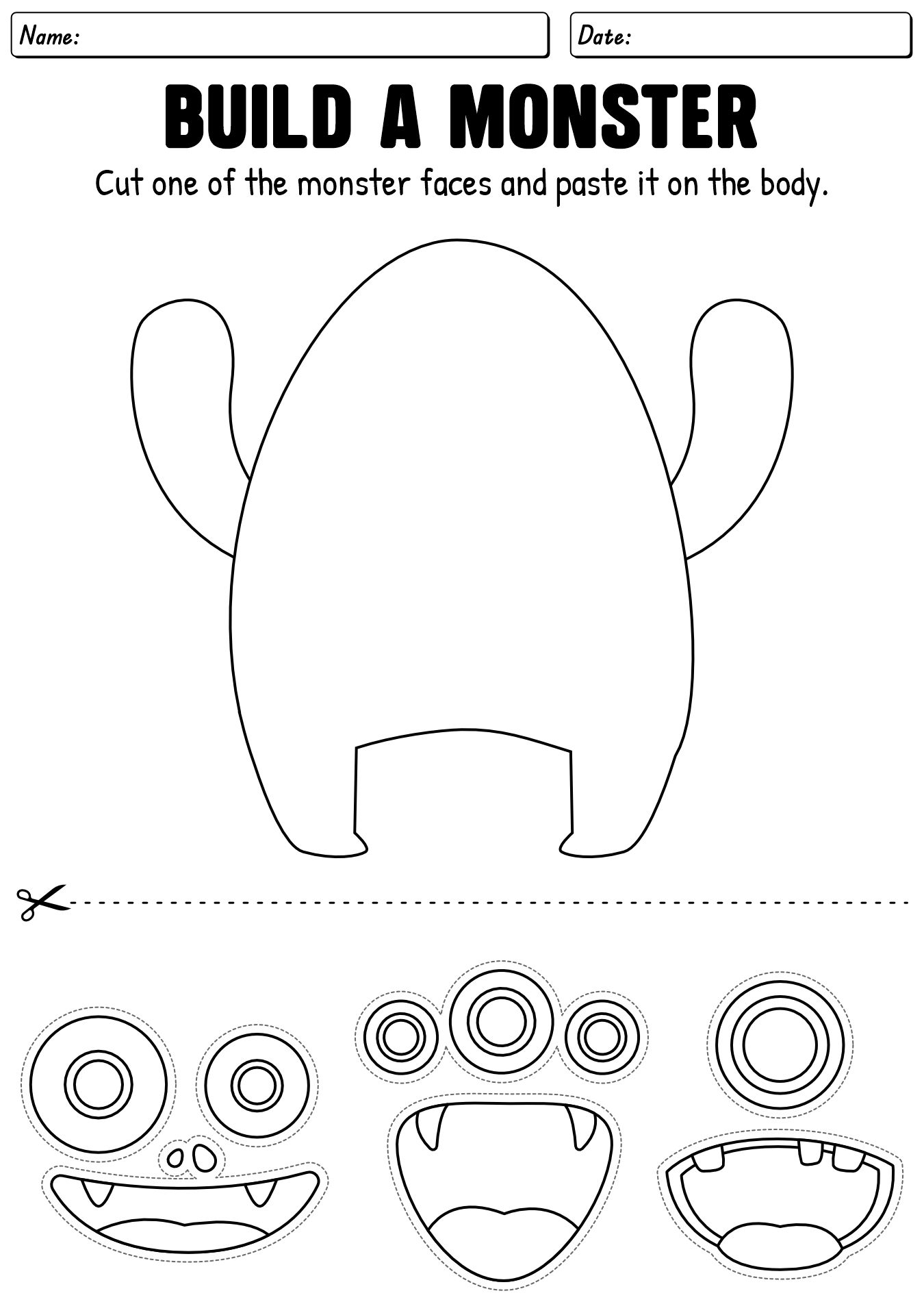 Color, Cut, And Paste Monster Face Worksheet
