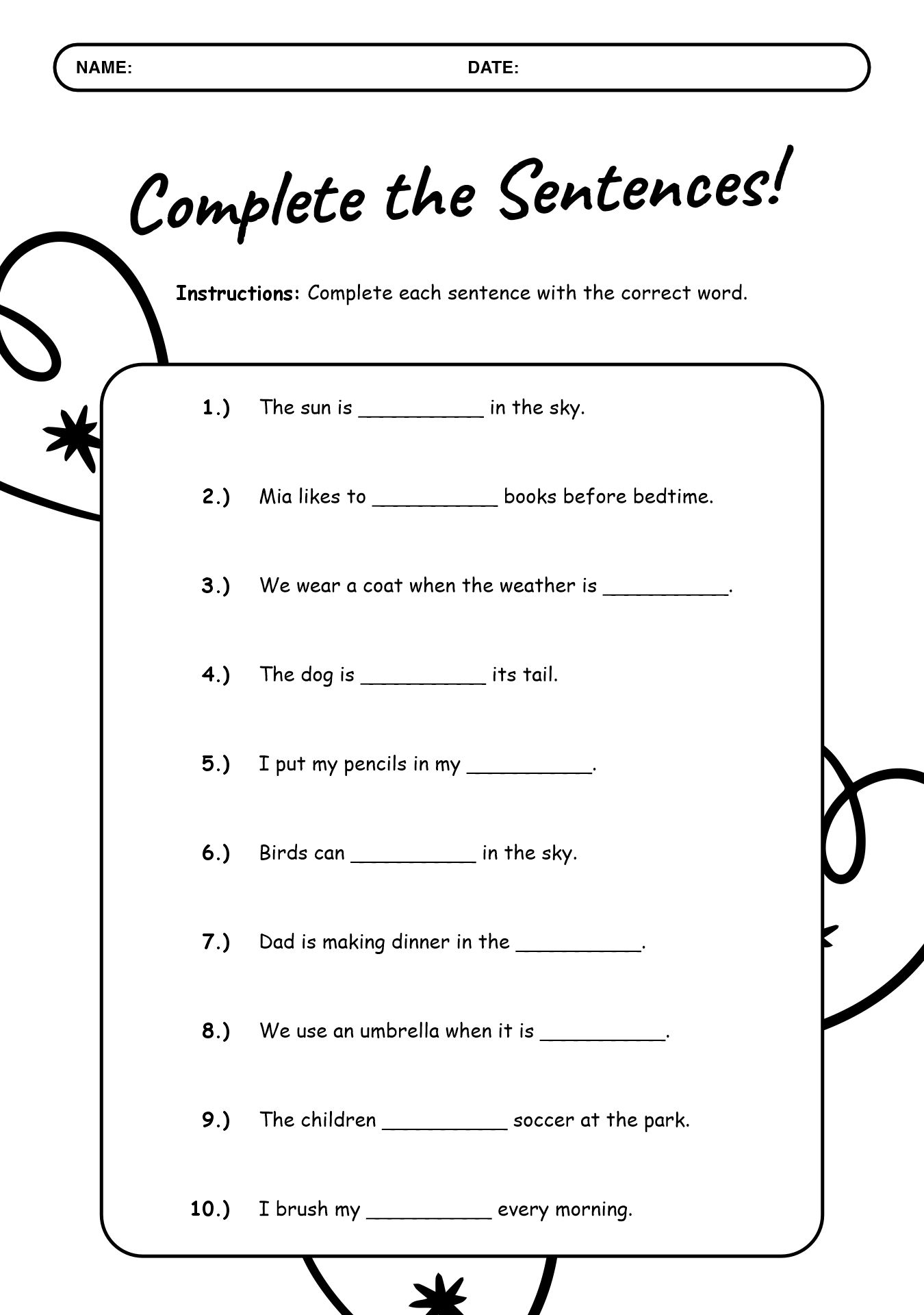Complete the Sentences Worksheet for 2nd Grade