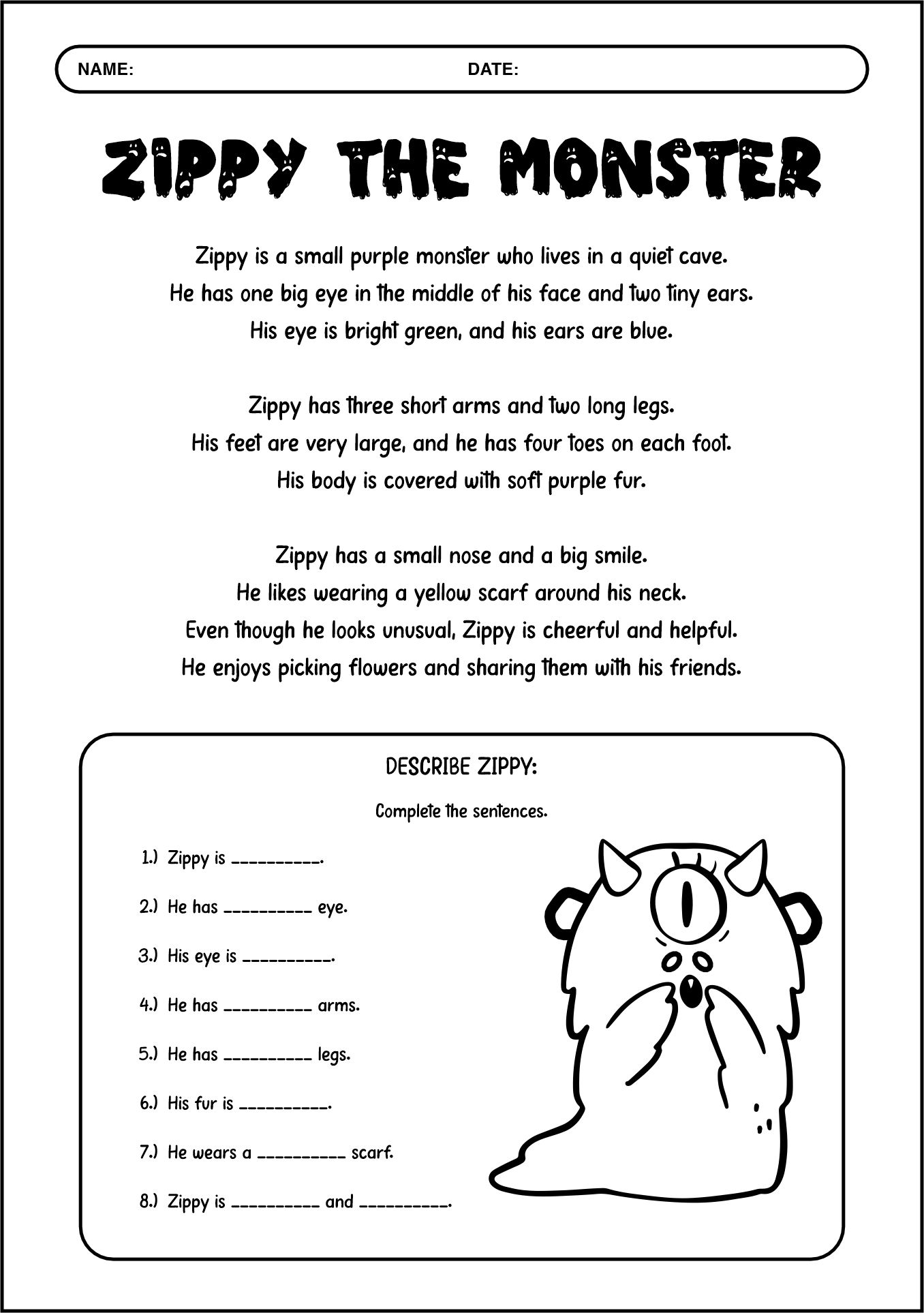 Describing Monster Reading Worksheet