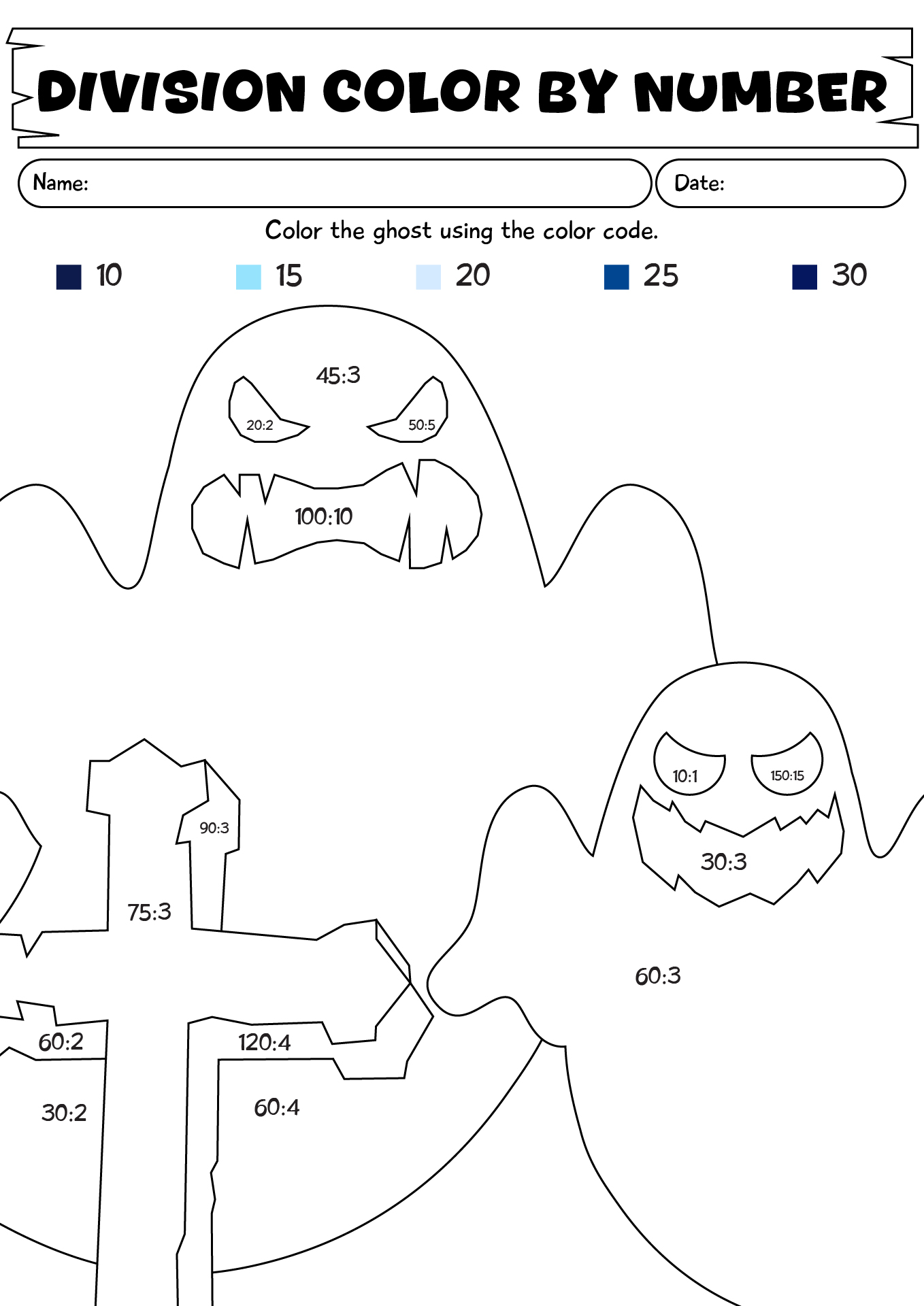 Division Color By Number Ghosts Math Worksheet